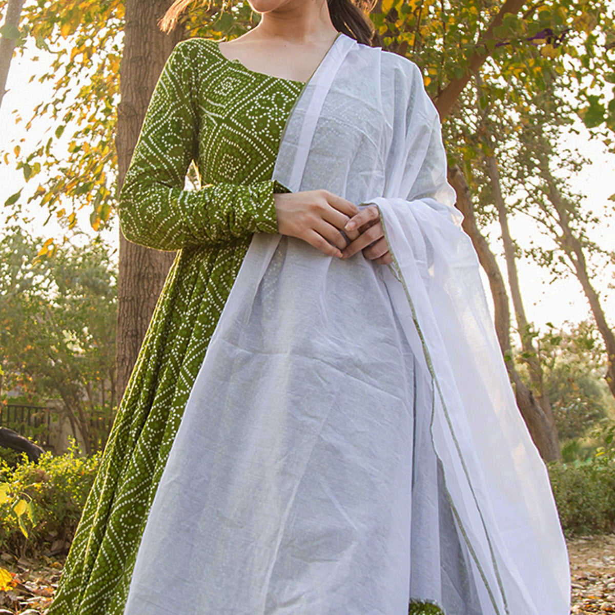 Green Bandhani Printed Rayon Gown With Dupatta