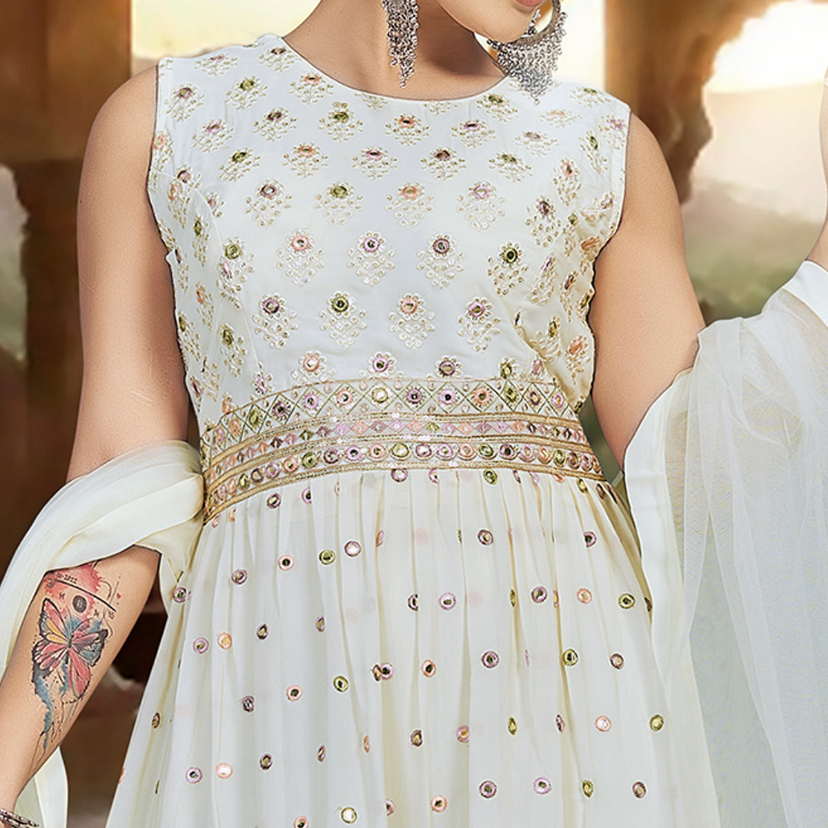 Cream Floral Embroidered Georgette Sharara Suit