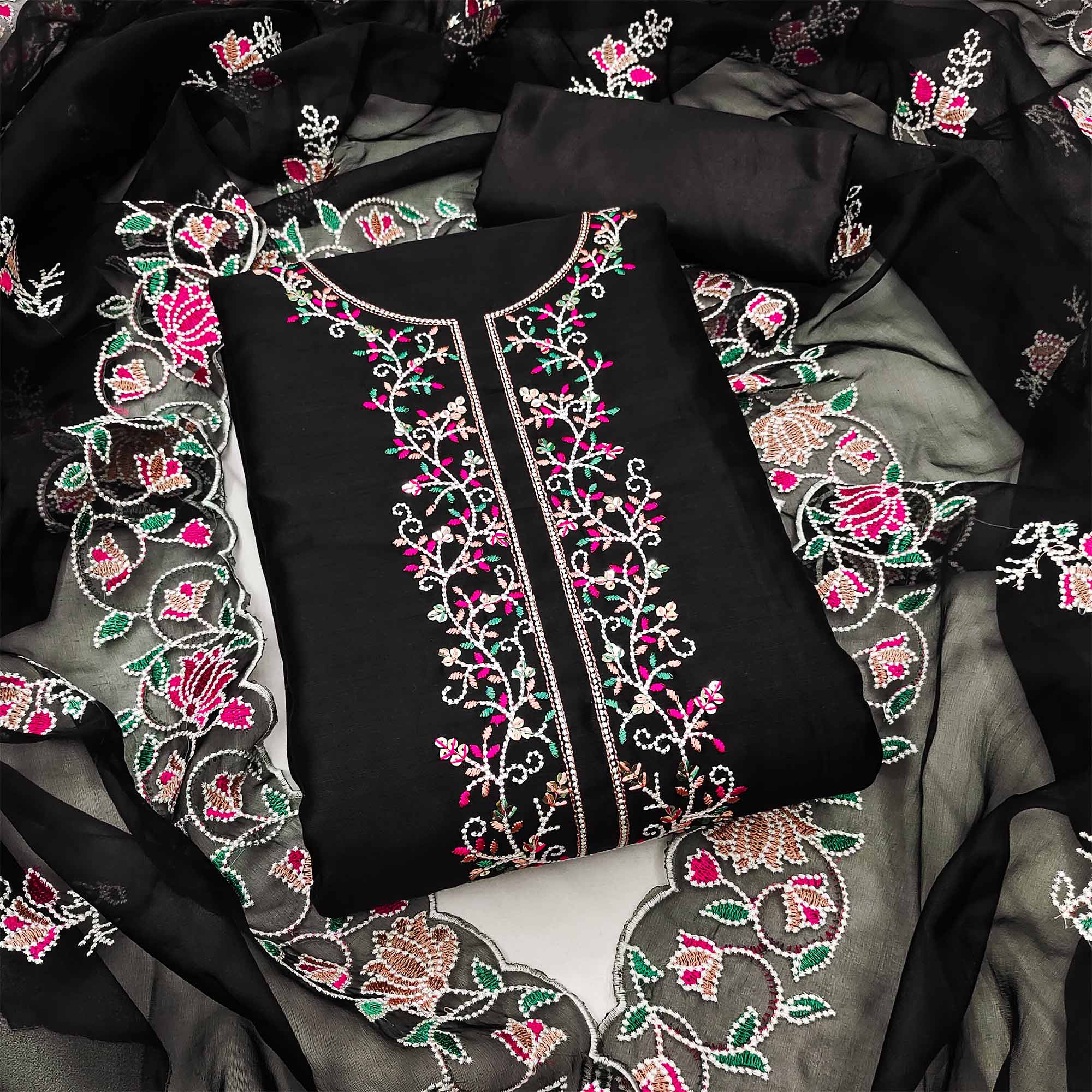 Black Floral Embroidered Chanderi Dress Material
