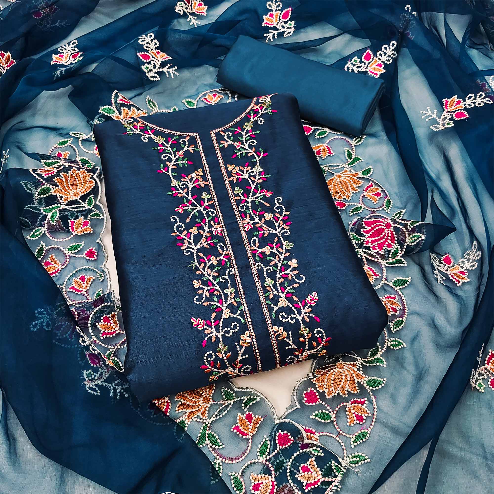 Morpich Blue Floral Embroidered Chanderi Dress Material