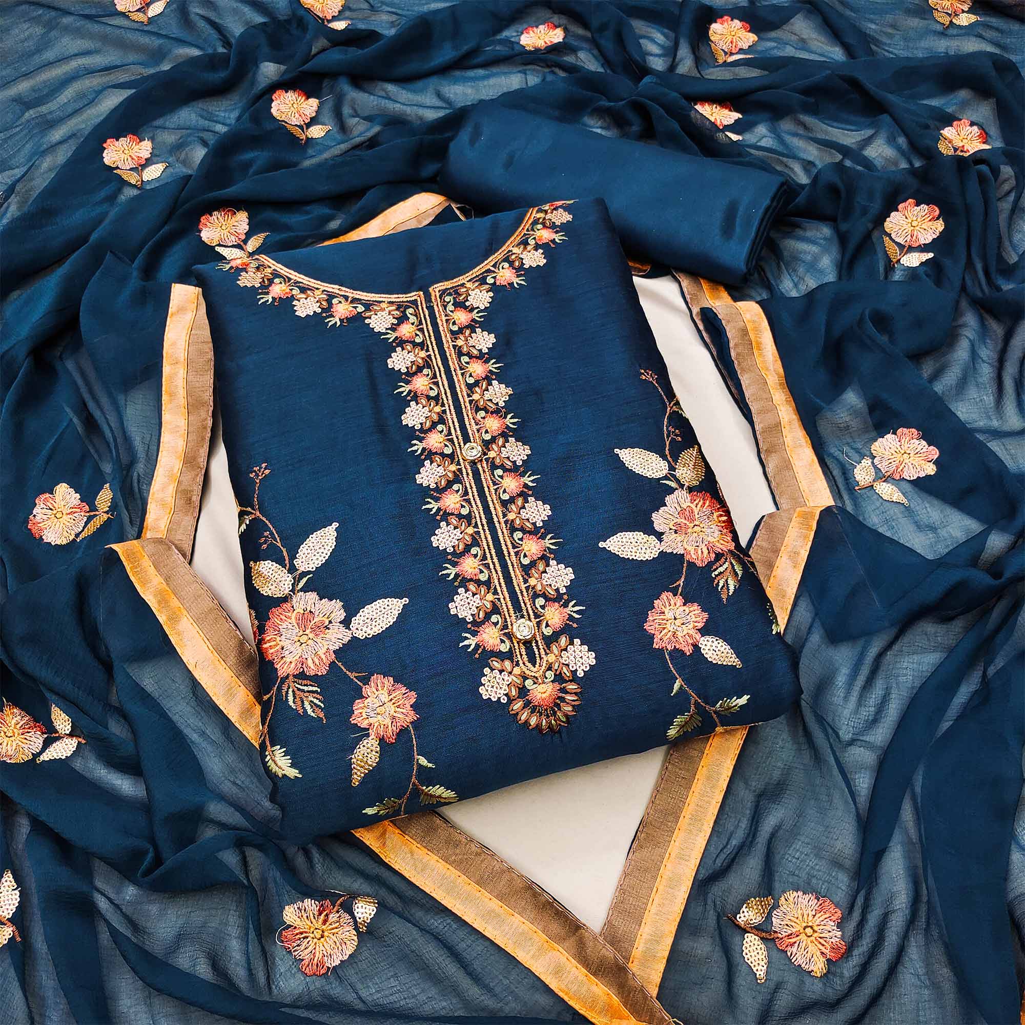 Morpich Blue Floral Embroidered Chanderi Dress Material