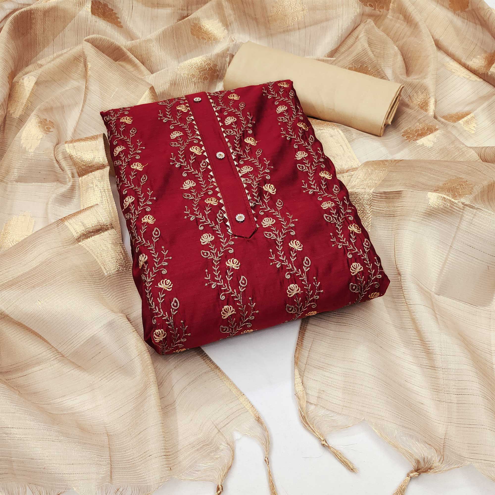 Red Floral Embroidered Chanderi Dress Material