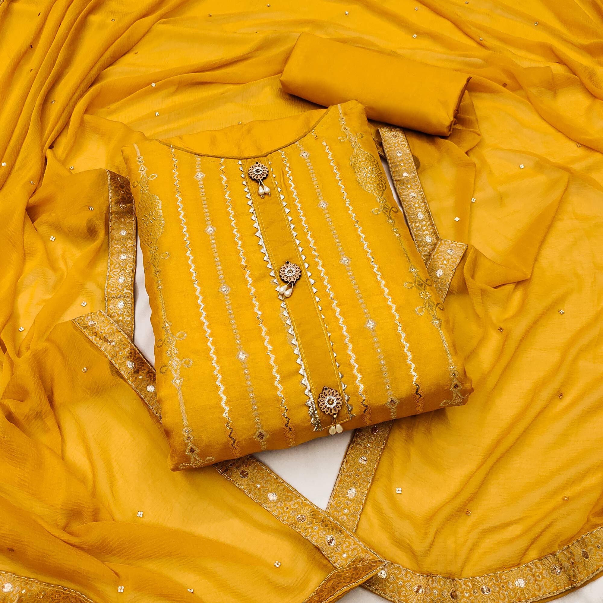 Mustard Woven Jacquard Dress Material