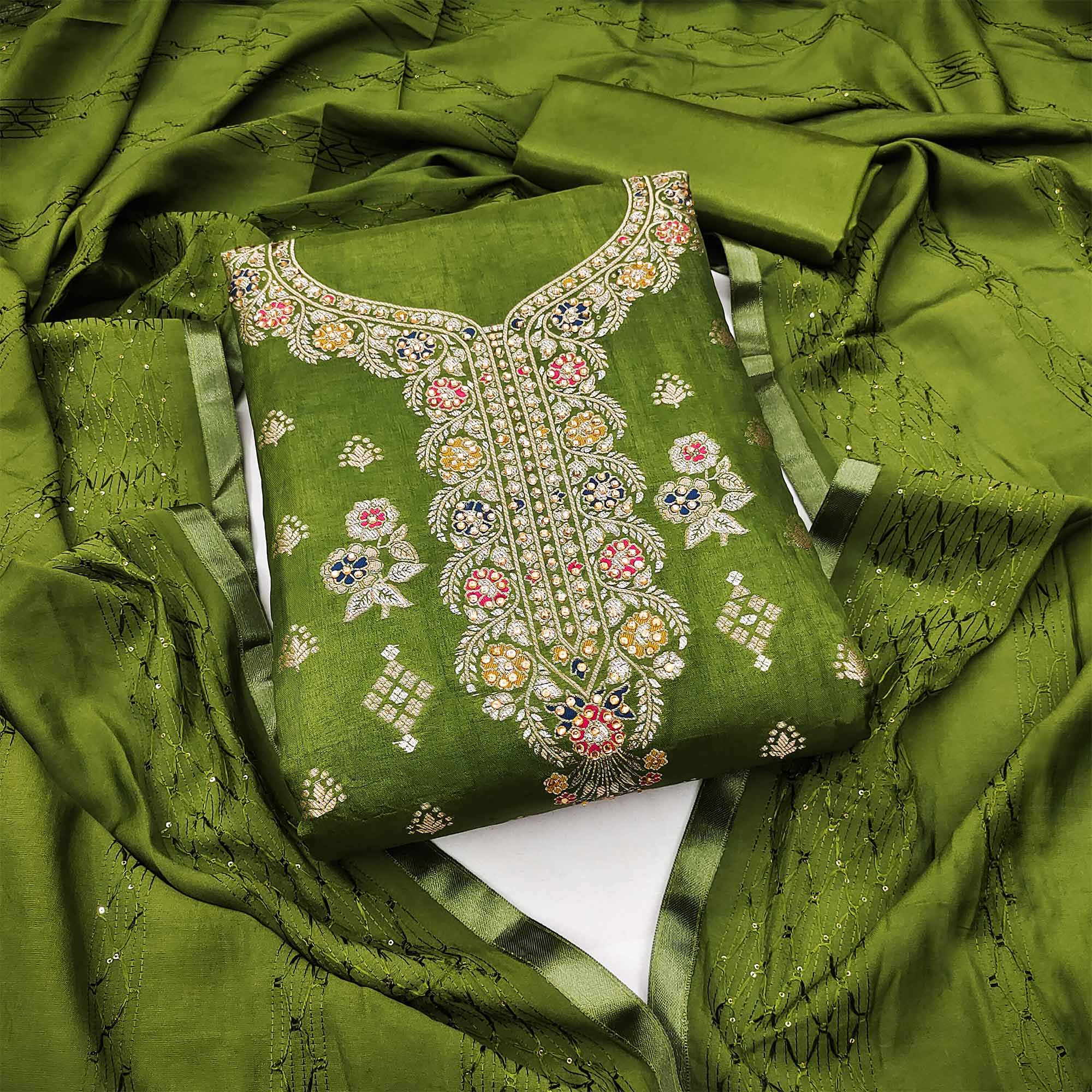 Green Woven Jacquard Dress Material