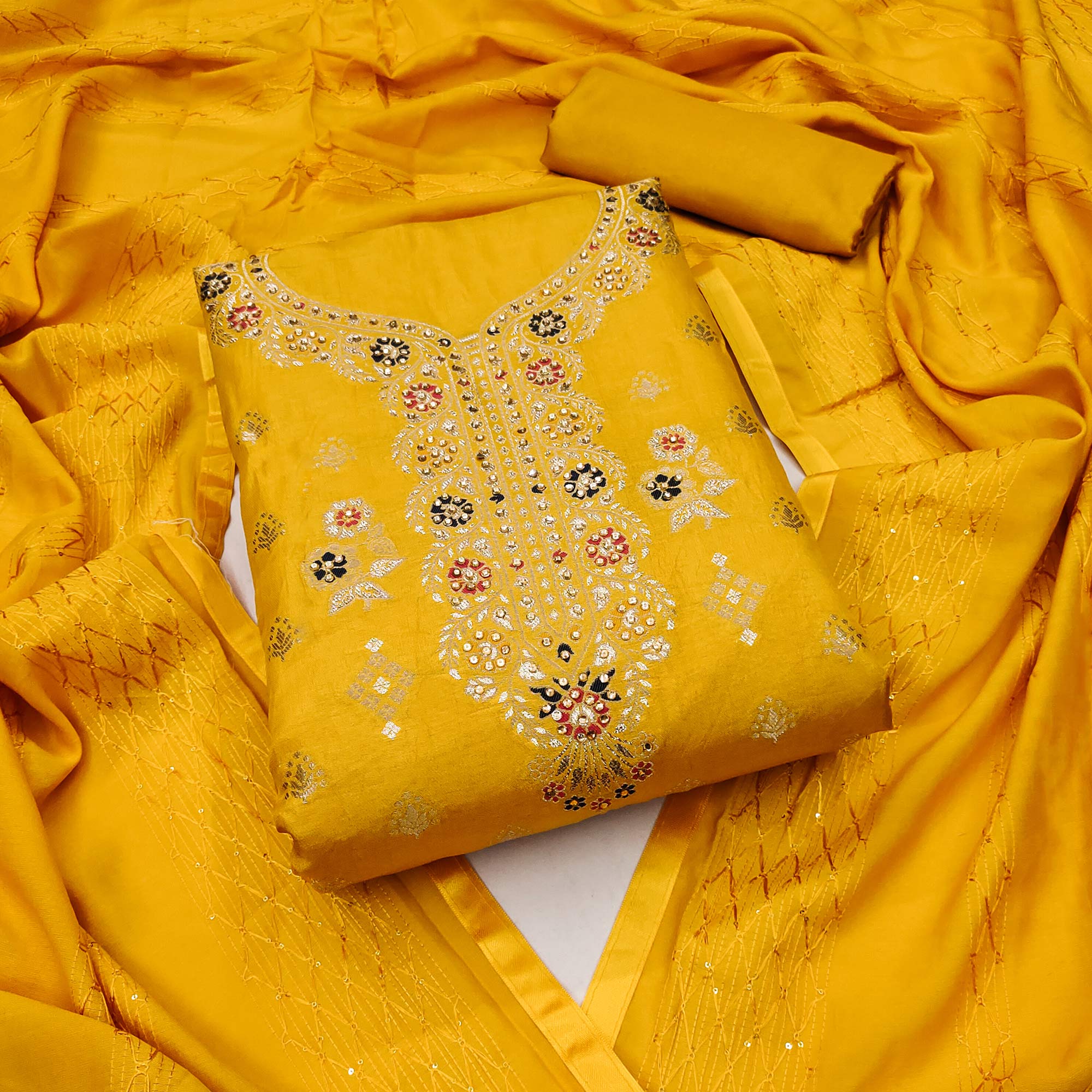 Mustard Woven Jacquard Dress Material