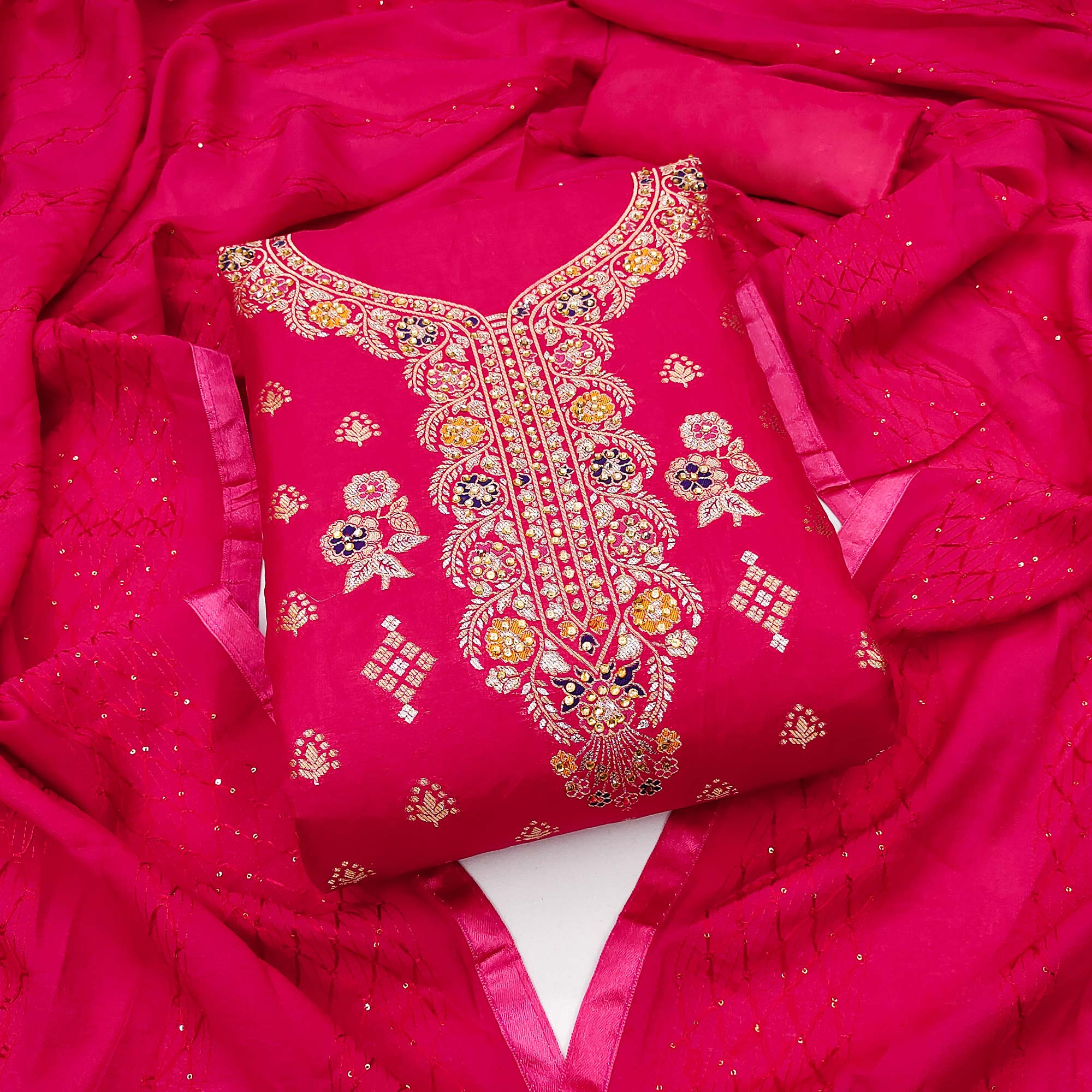 Pink Woven Jacquard Dress Material