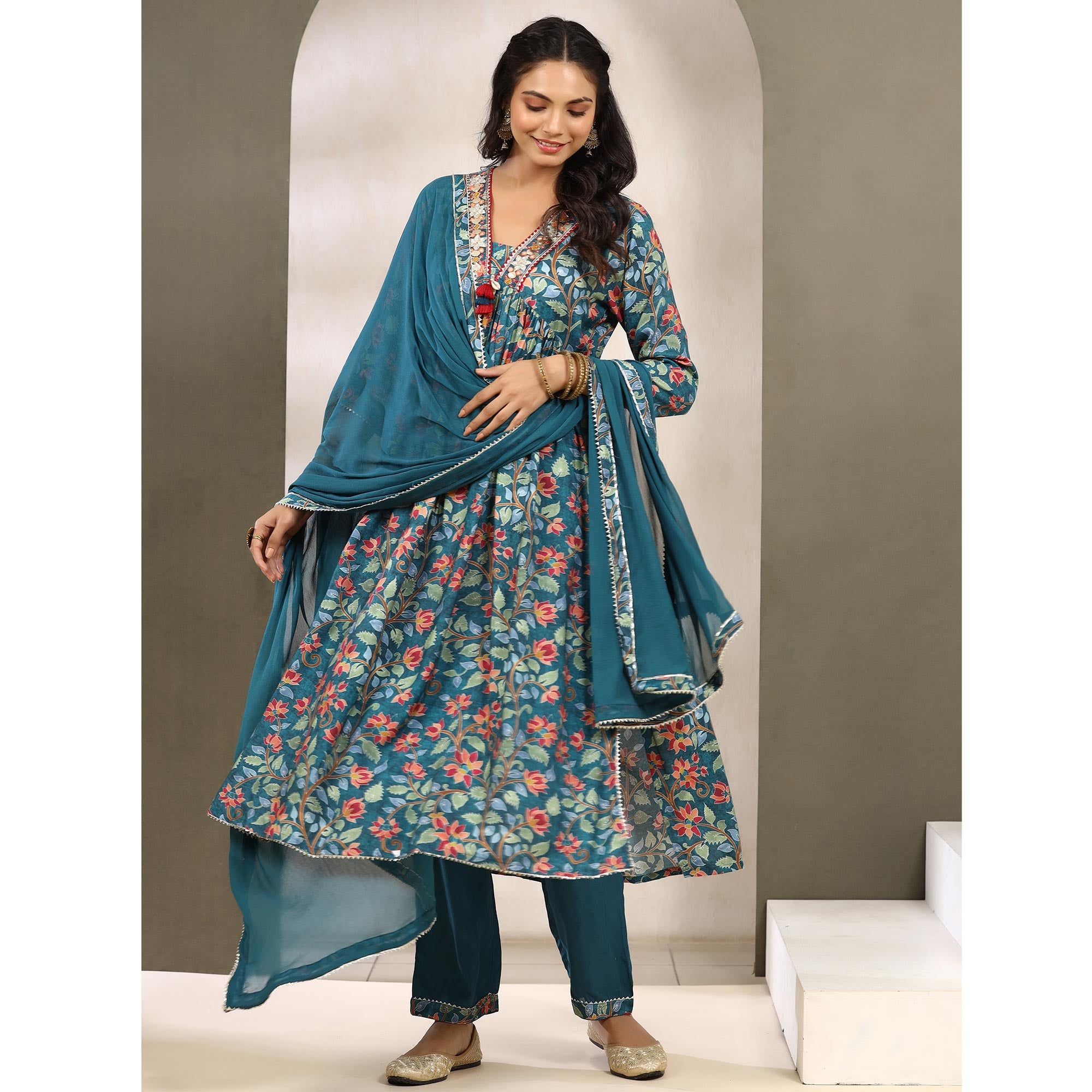 Teal Blue Jaipuri Printed Muslin Naira Cut Suit