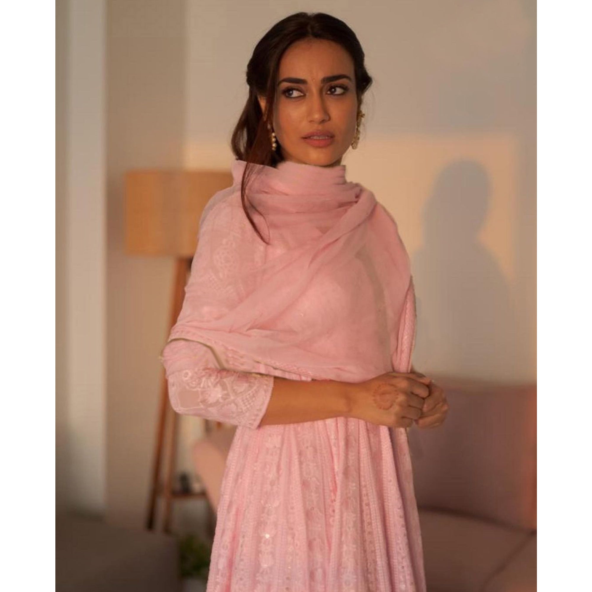 Pink Lucknowi Chikankari Work Georgette Gown