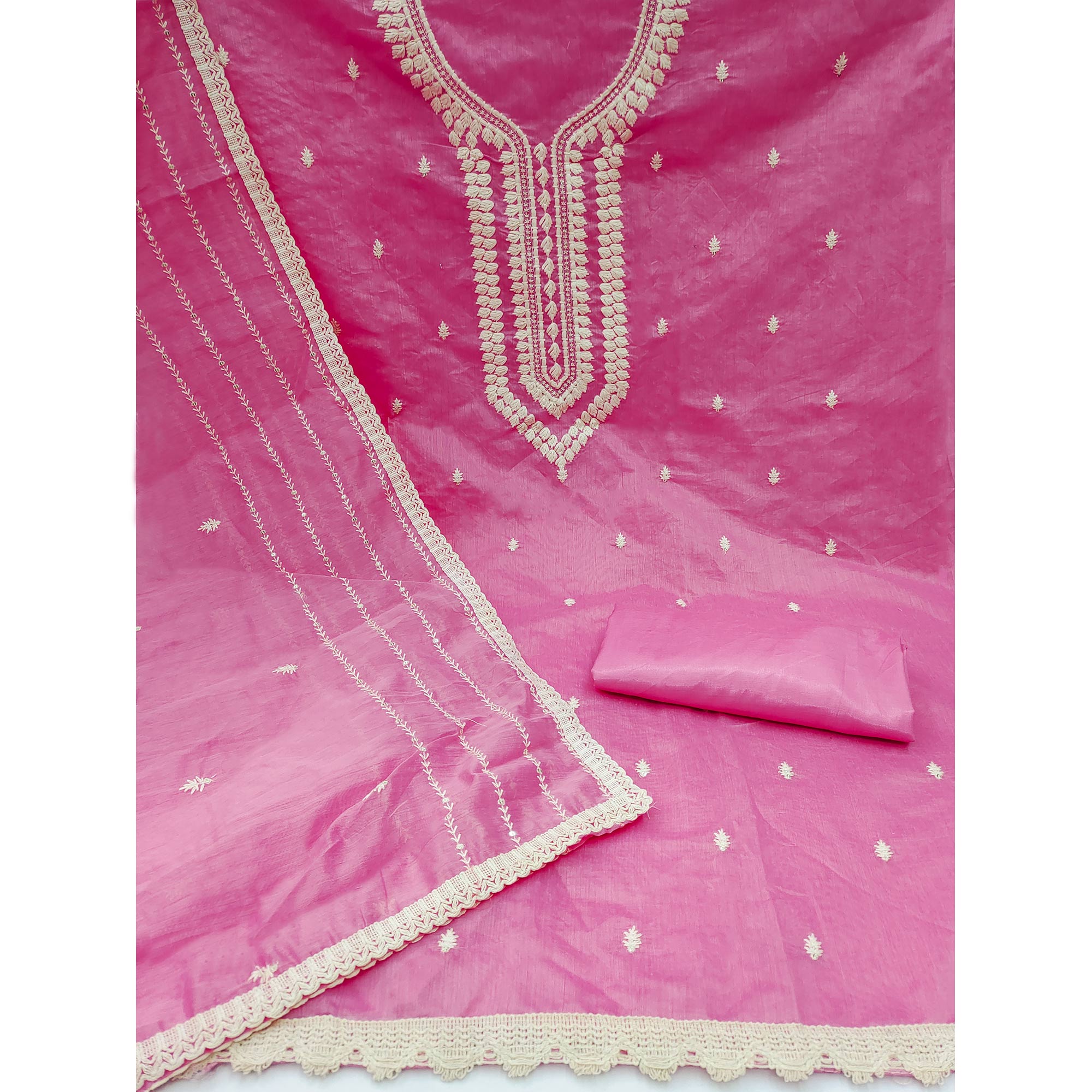 Pink Embroidered Chanderi Dress Material