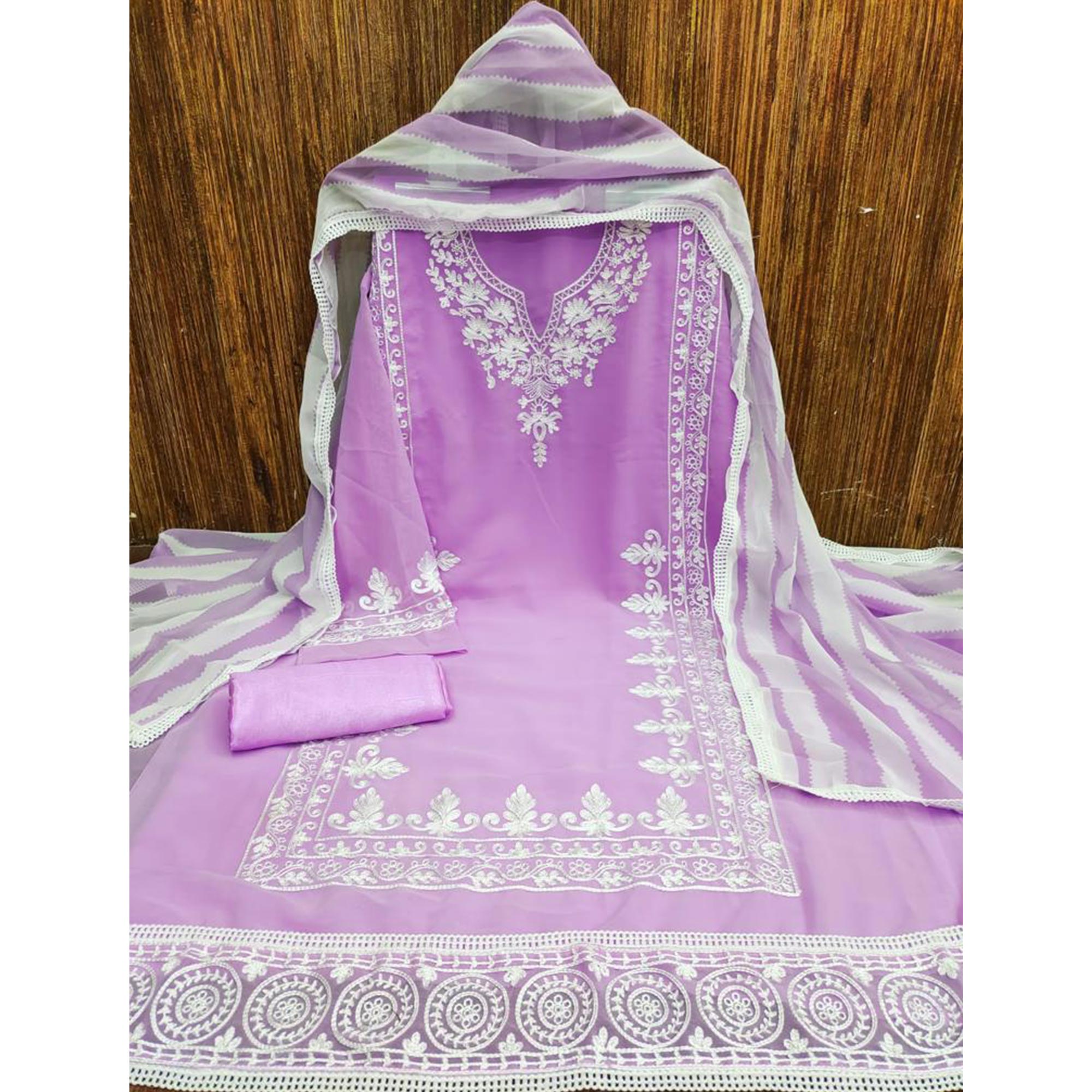 Lavender Lucknowi Embroidered Georgette Dress Material