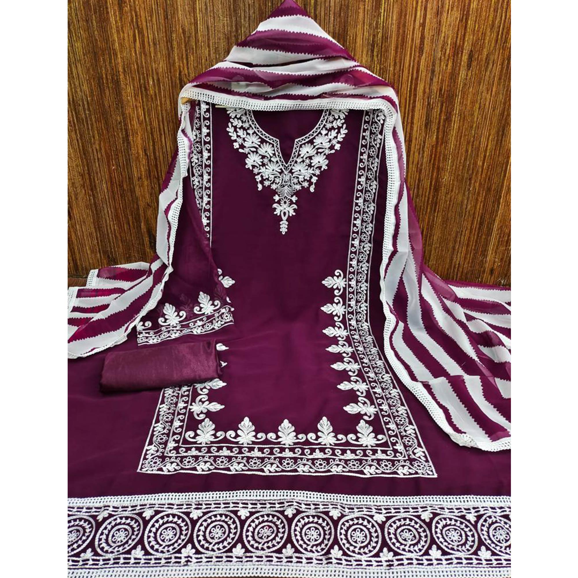 Wine Lucknowi Embroidered Georgette Dress Material
