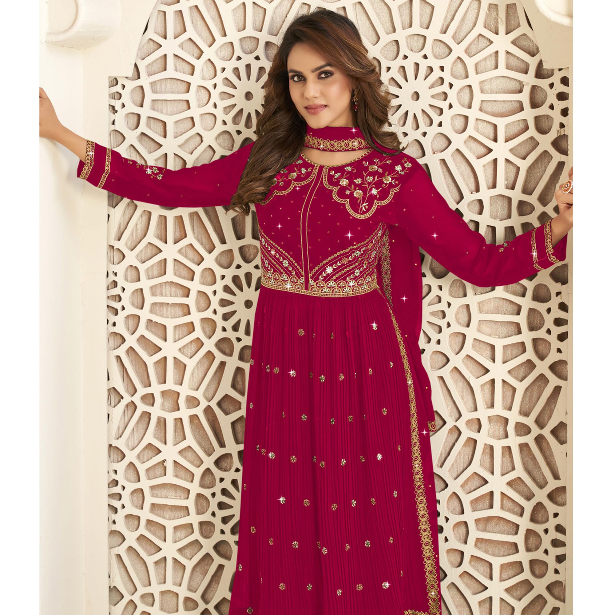 Pink Embroidered Georgette Naira Cut Suit