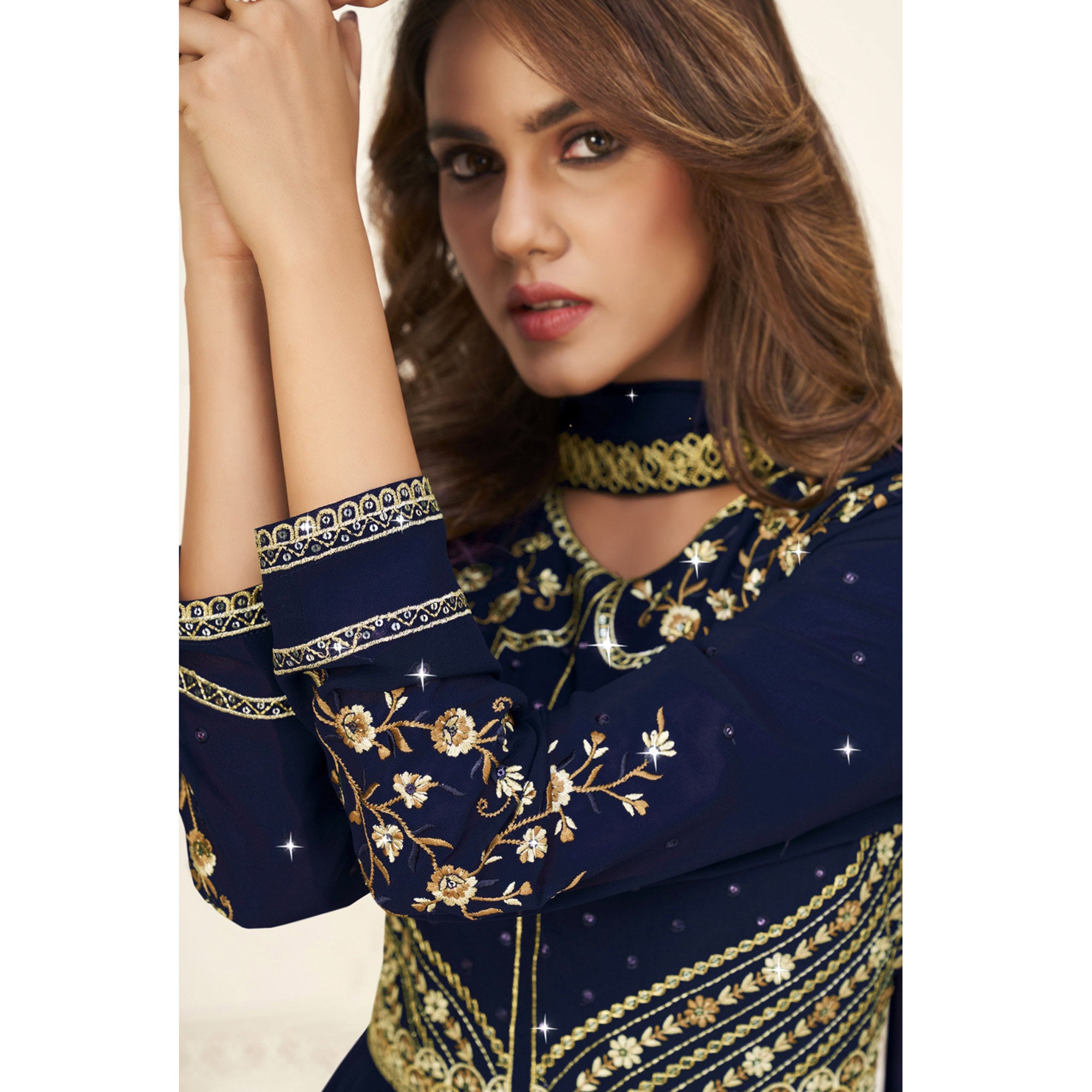 Navy Blue Embroidered Georgette Naira Cut Suit