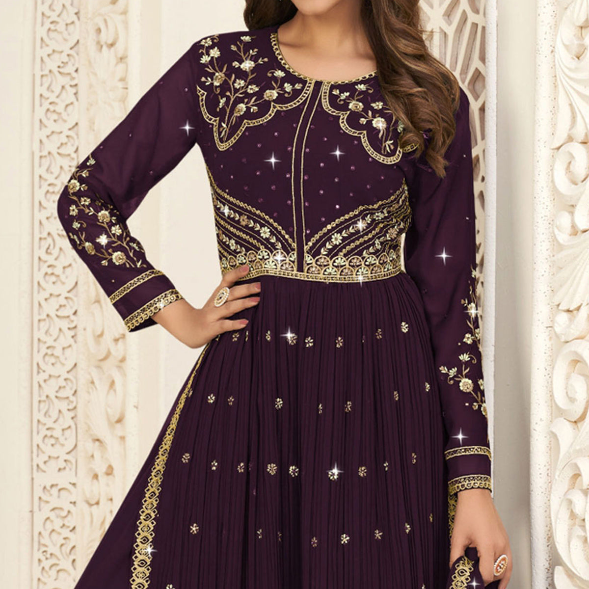 Purple Embroidered Georgette Naira Cut Suit