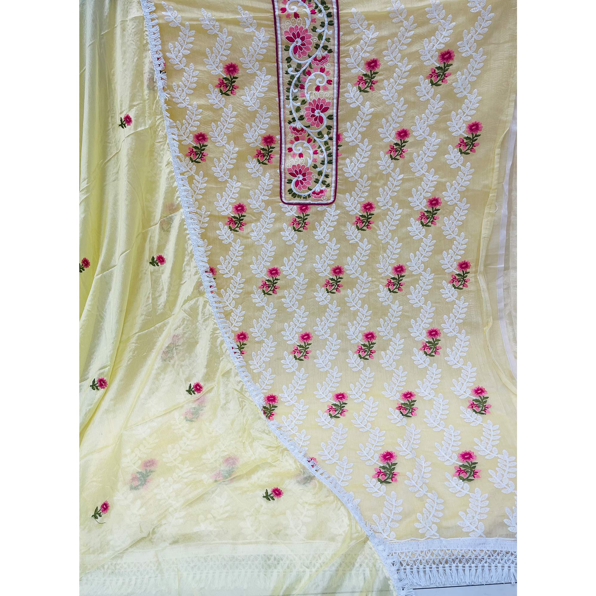 Yellow Floral Embroidered Chanderi Dress Material