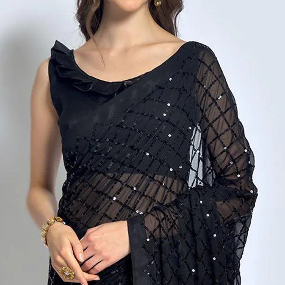 Black Sequins Work Georgette Saree