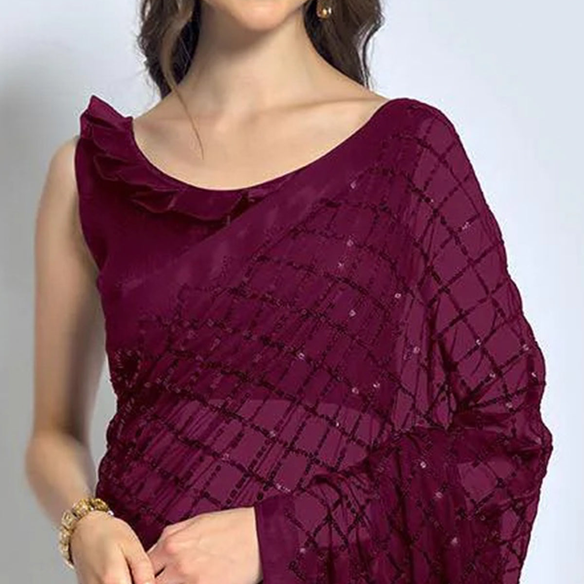 Wine Sequins Work Georgette Saree
