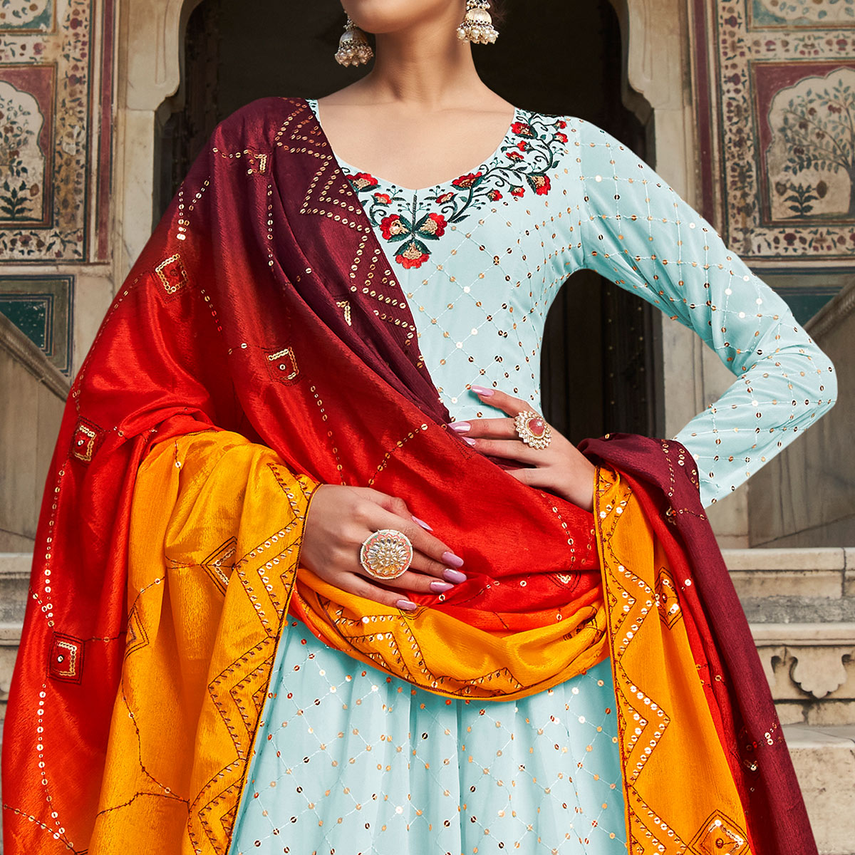 Sky Blue Sequins Embroidered Georgette Gown With Dupatta