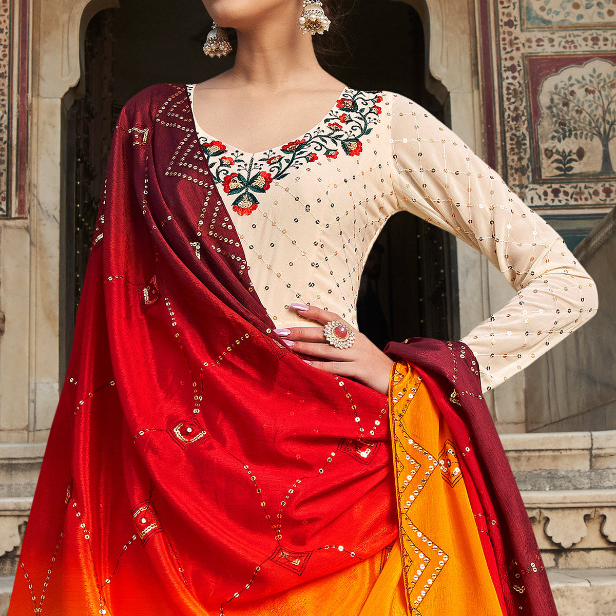 Cream Sequins Embroidered Georgette Gown With Dupatta