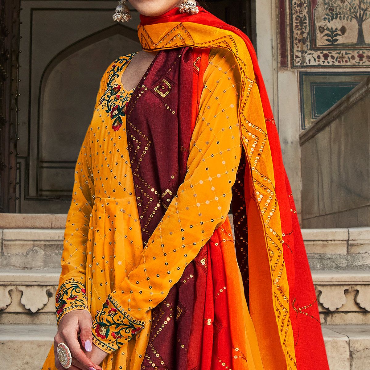 Mustard Sequins Embroidered Georgette Gown With Dupatta
