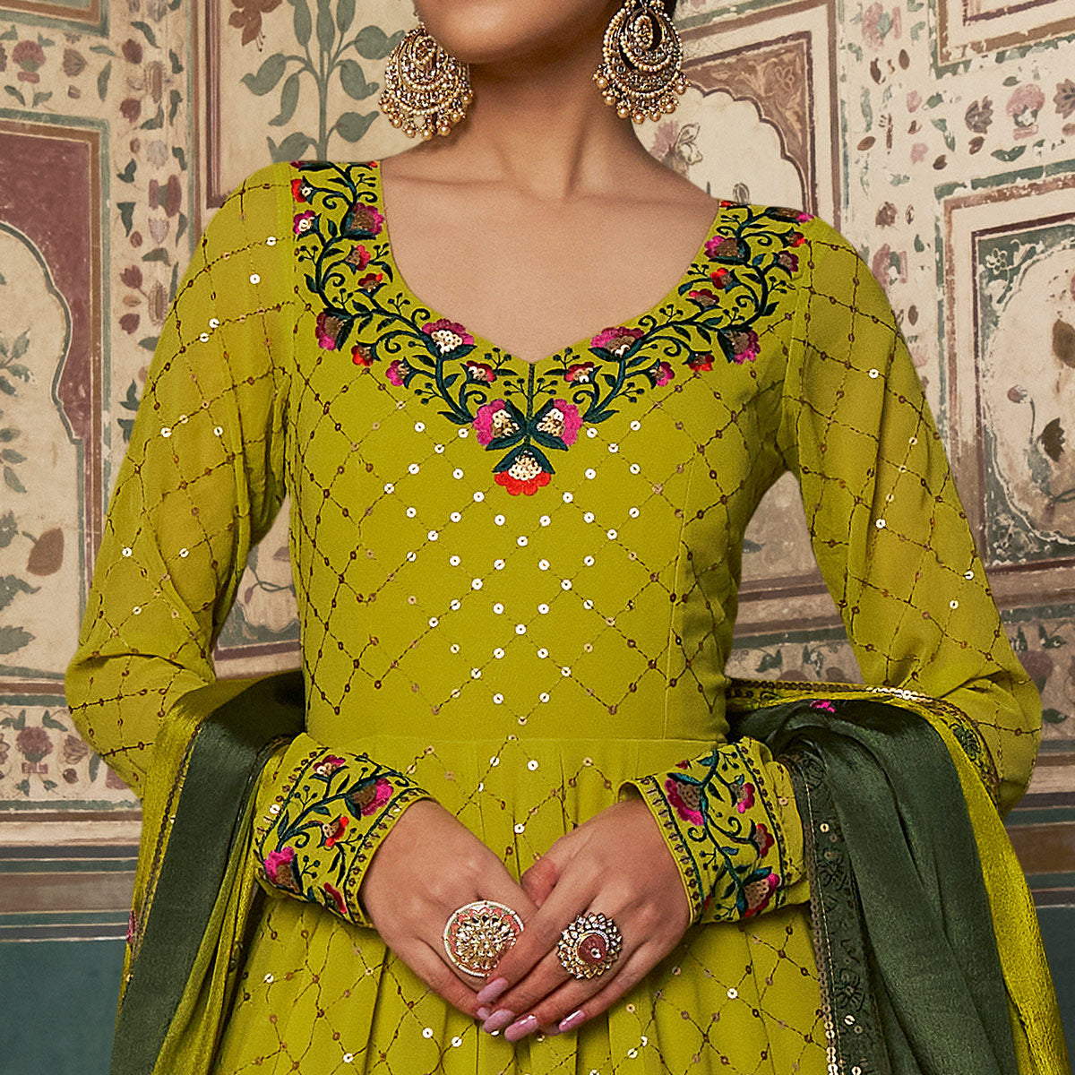 Lime Green Sequins Embroidered Georgette Gown With Dupatta