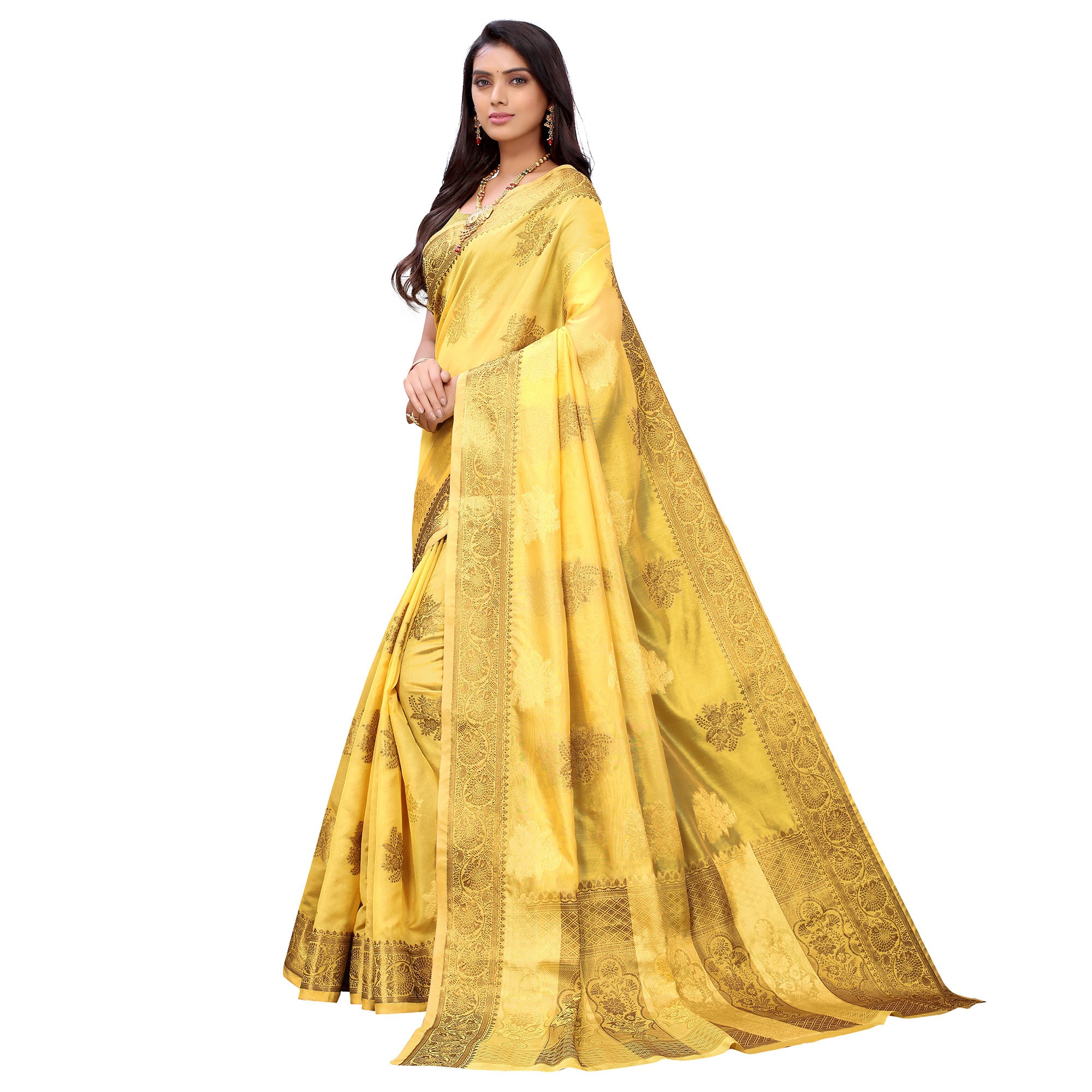 Yellow Festive Wear Floral Woven Silk Saree