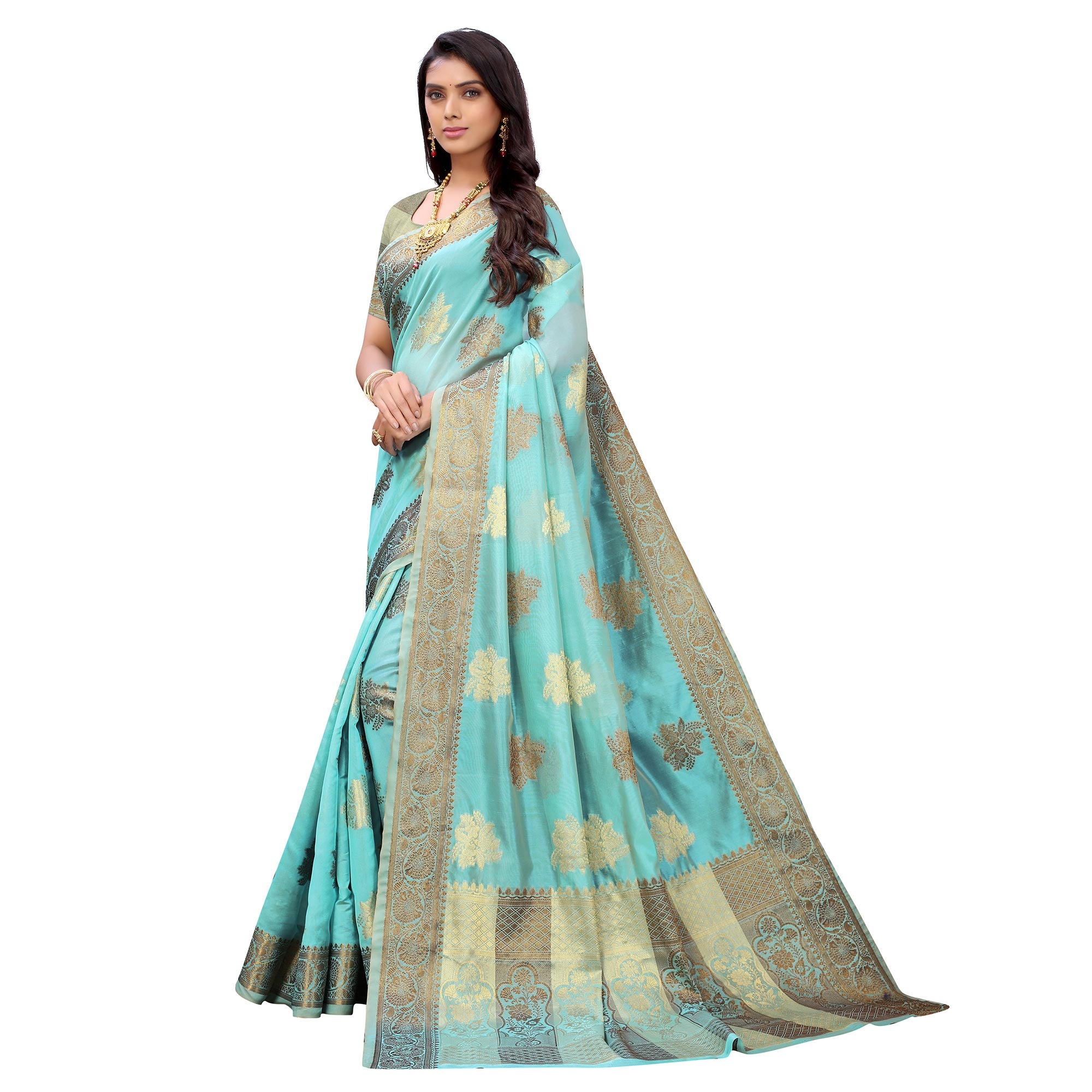 Firozi Festive Wear Floral Woven Silk Saree