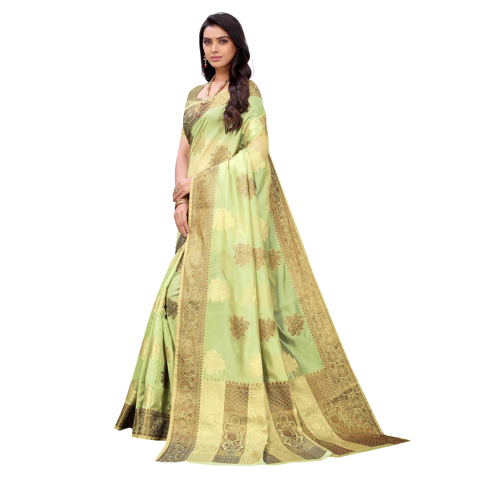 Pista Green Festive Wear Floral Woven Silk Saree
