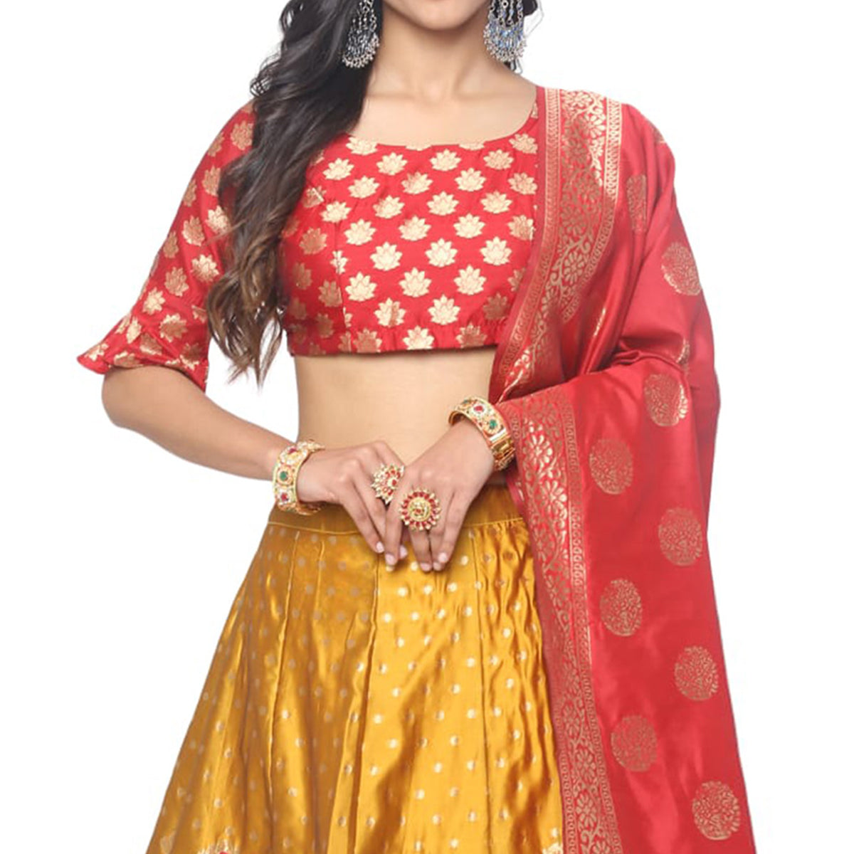 Mustard Woven Jacquard Lehenga Choli