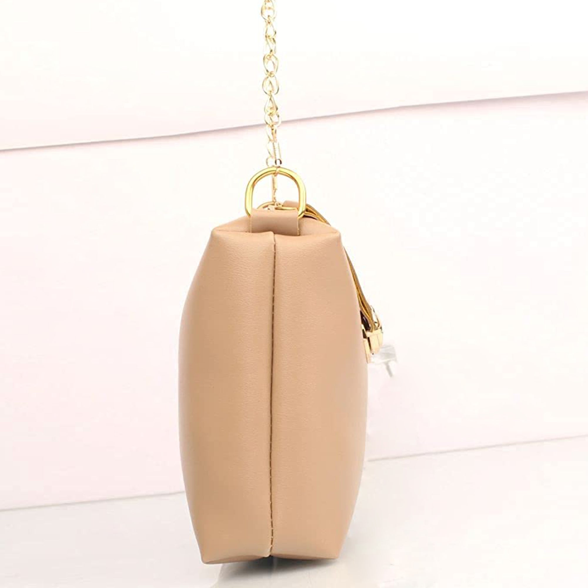 TMN - Women Beige Vegan Leather Golden Chain Sling Bag