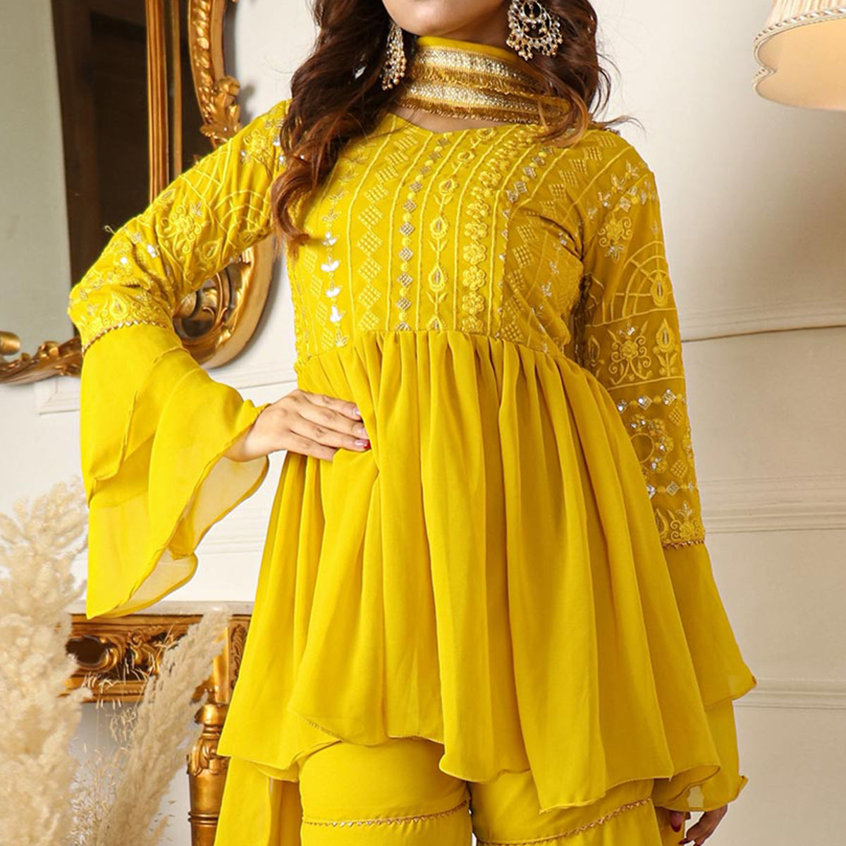 Lemon Yellow Sequins Embroidered Georgette Sharara Suit