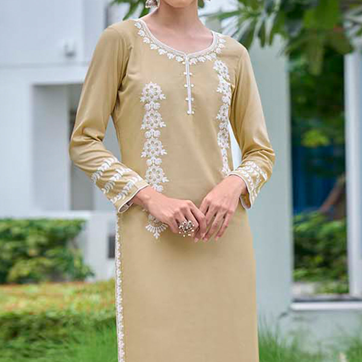 Beige Lucknowi Embroidered Rayon Kurti