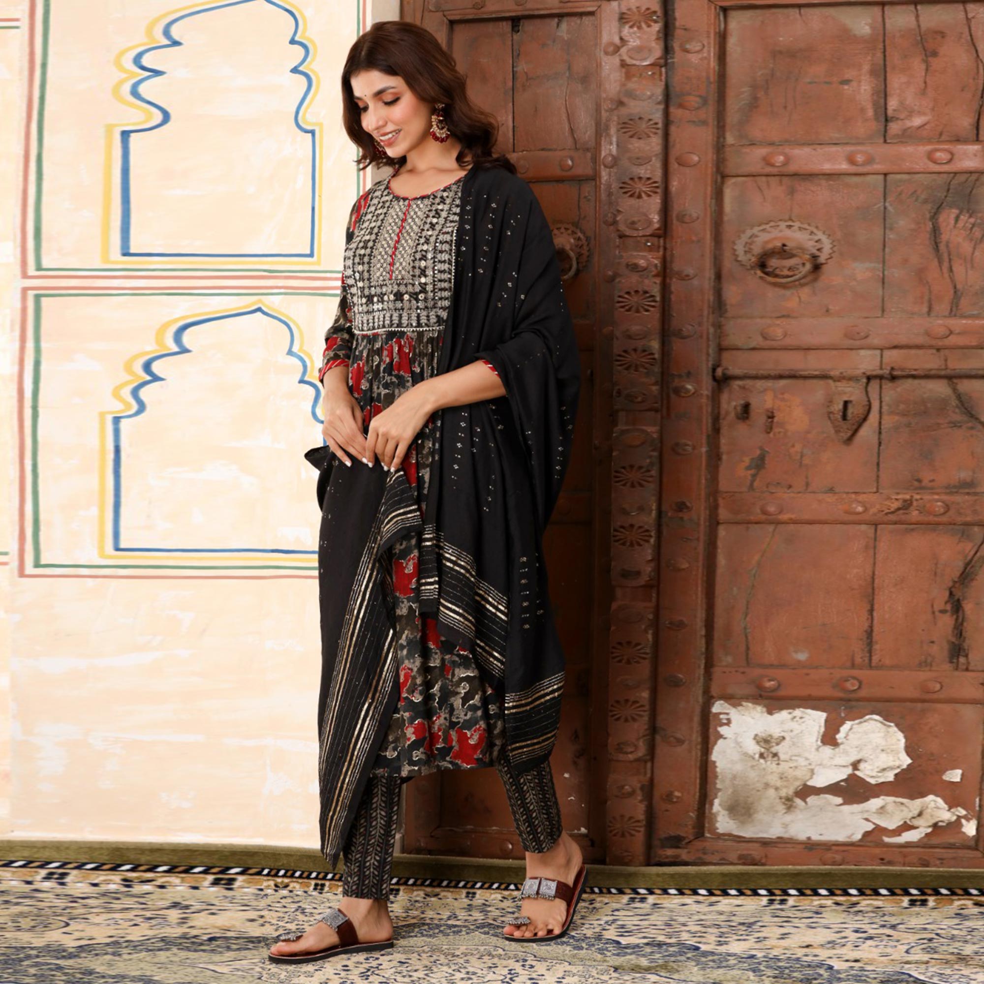 Black Printed & Embroidered Rayon Naira Cut Suit