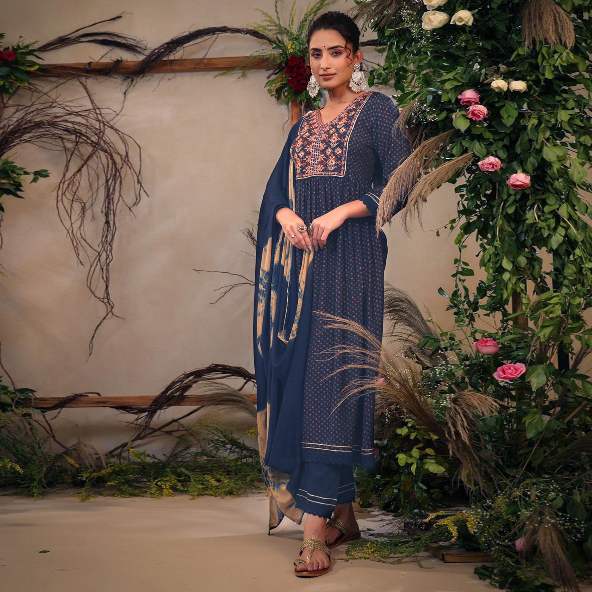 Blue Floral Printed With Embroidered Muslin Naira Cut Suit