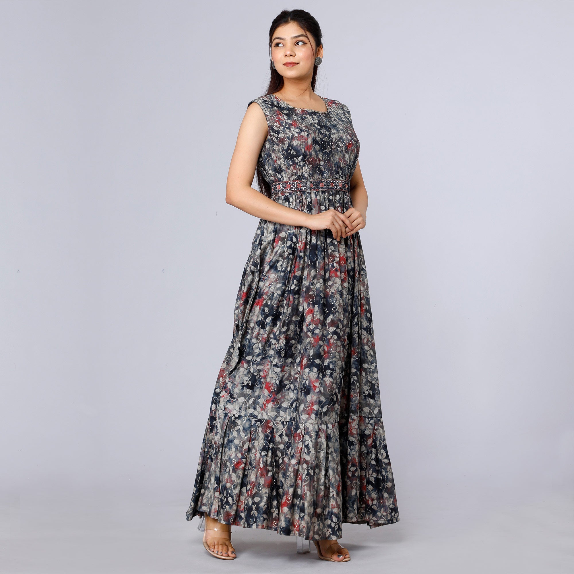 Grey Floral Printed Muslin Gown