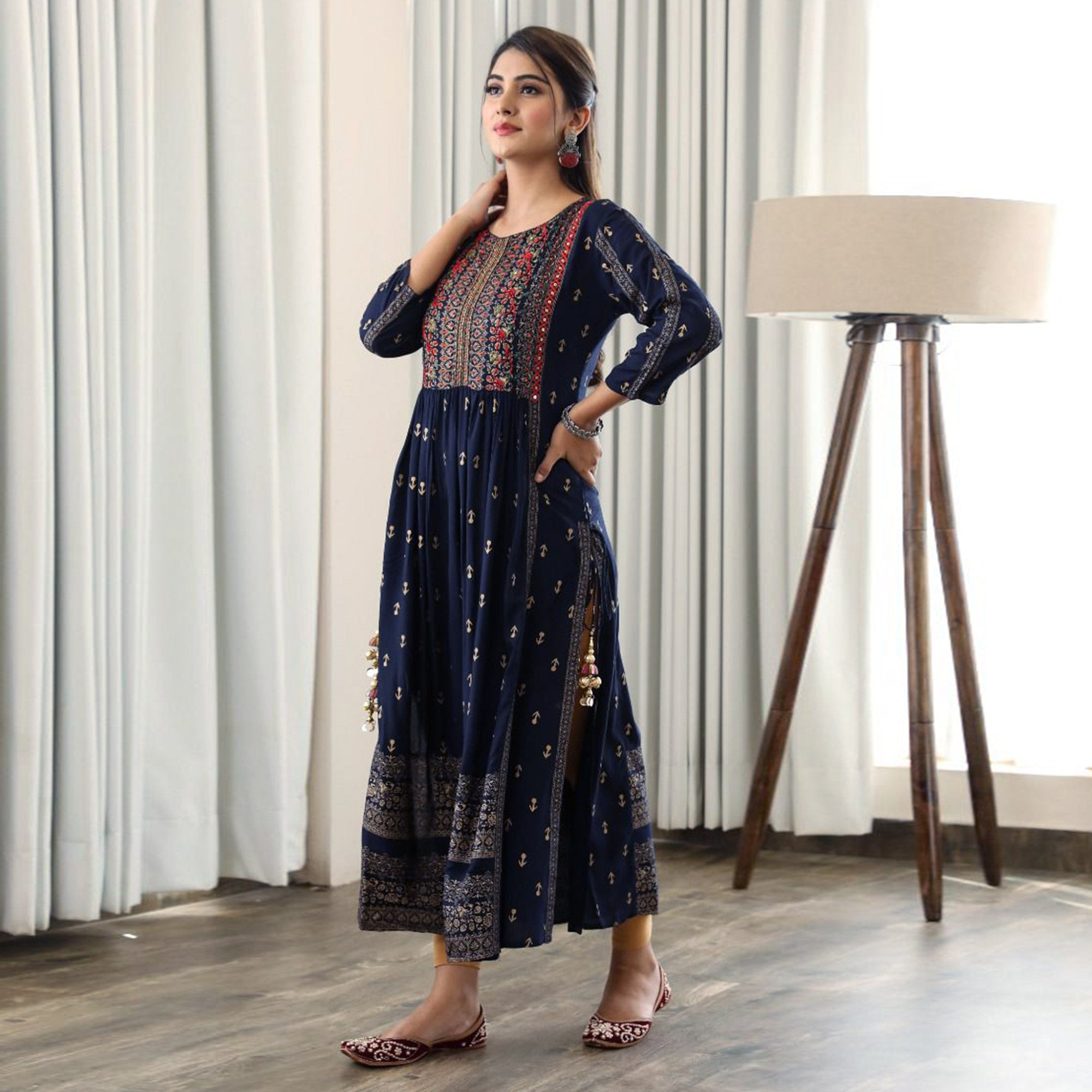 Blue Printed With Embroidered Rayon Naira Cut Kurti