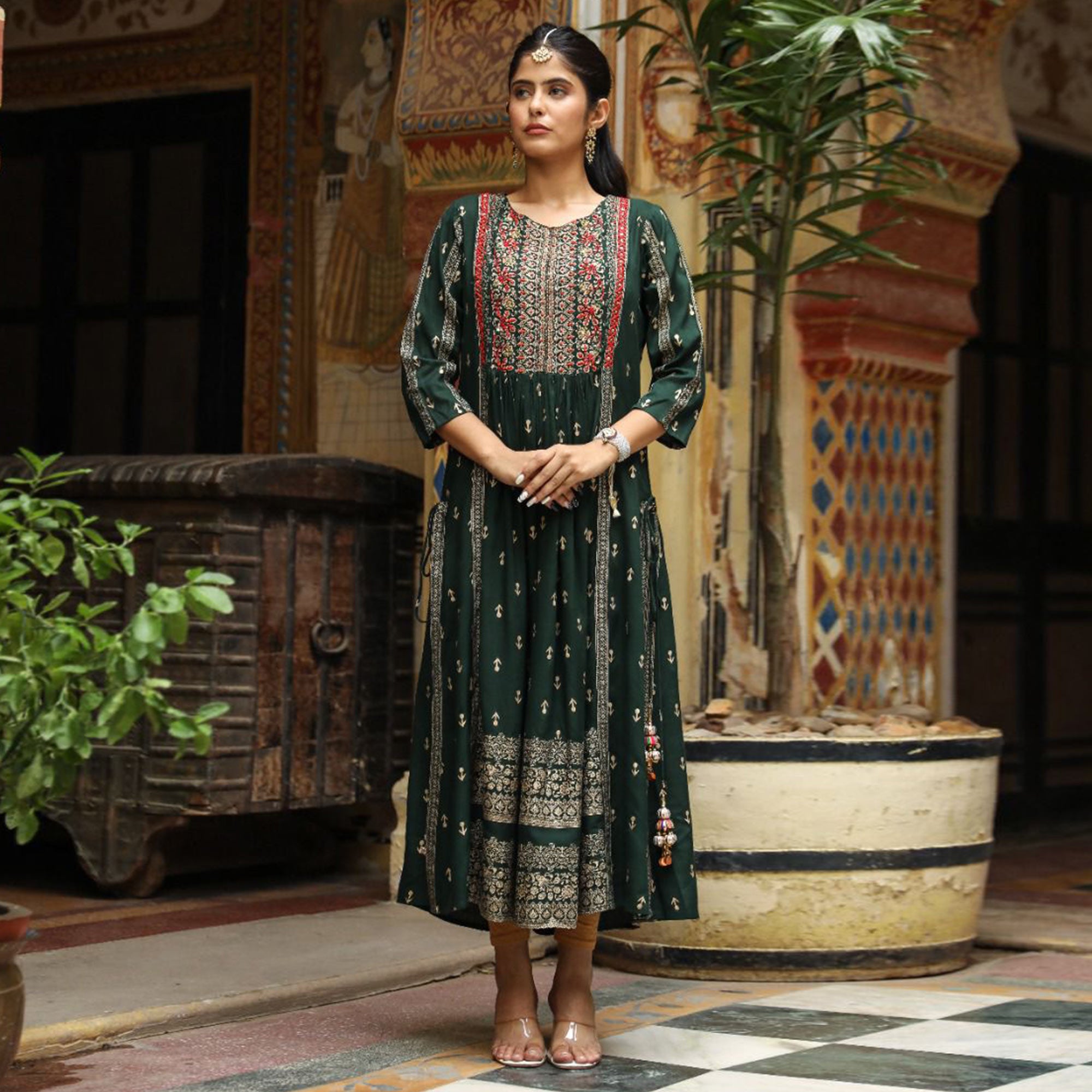 Green Printed With Embroidered Rayon Naira Cut Kurti