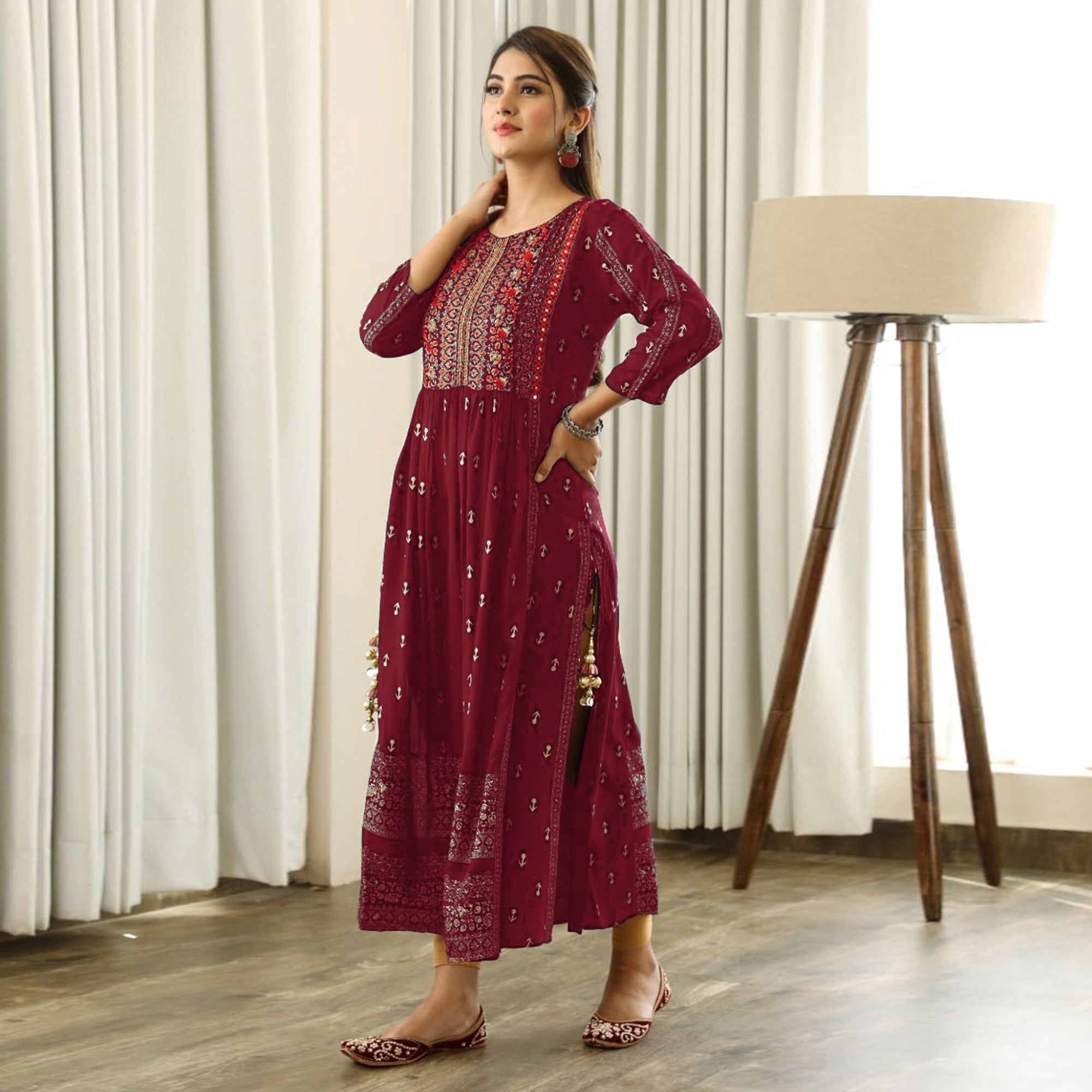 Maroon Printed With Embroidered Rayon Naira Cut Kurti