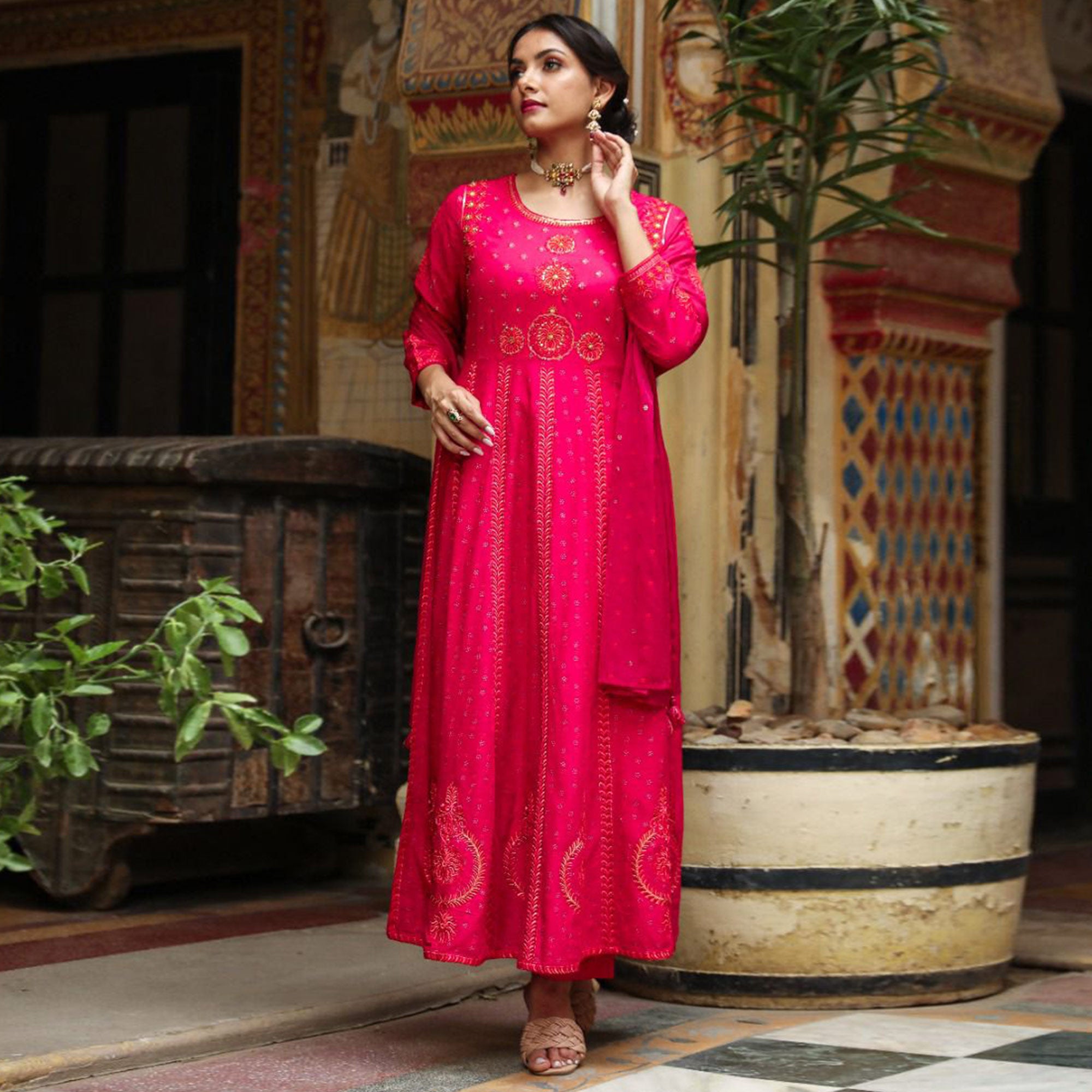 Pink Printed & Embroidered Rayon Anarkali Suit