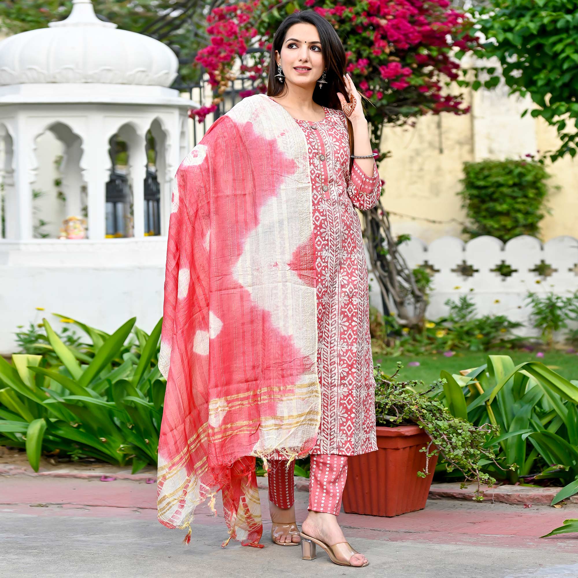 Peach Floral Foil Printed Rayon Suit