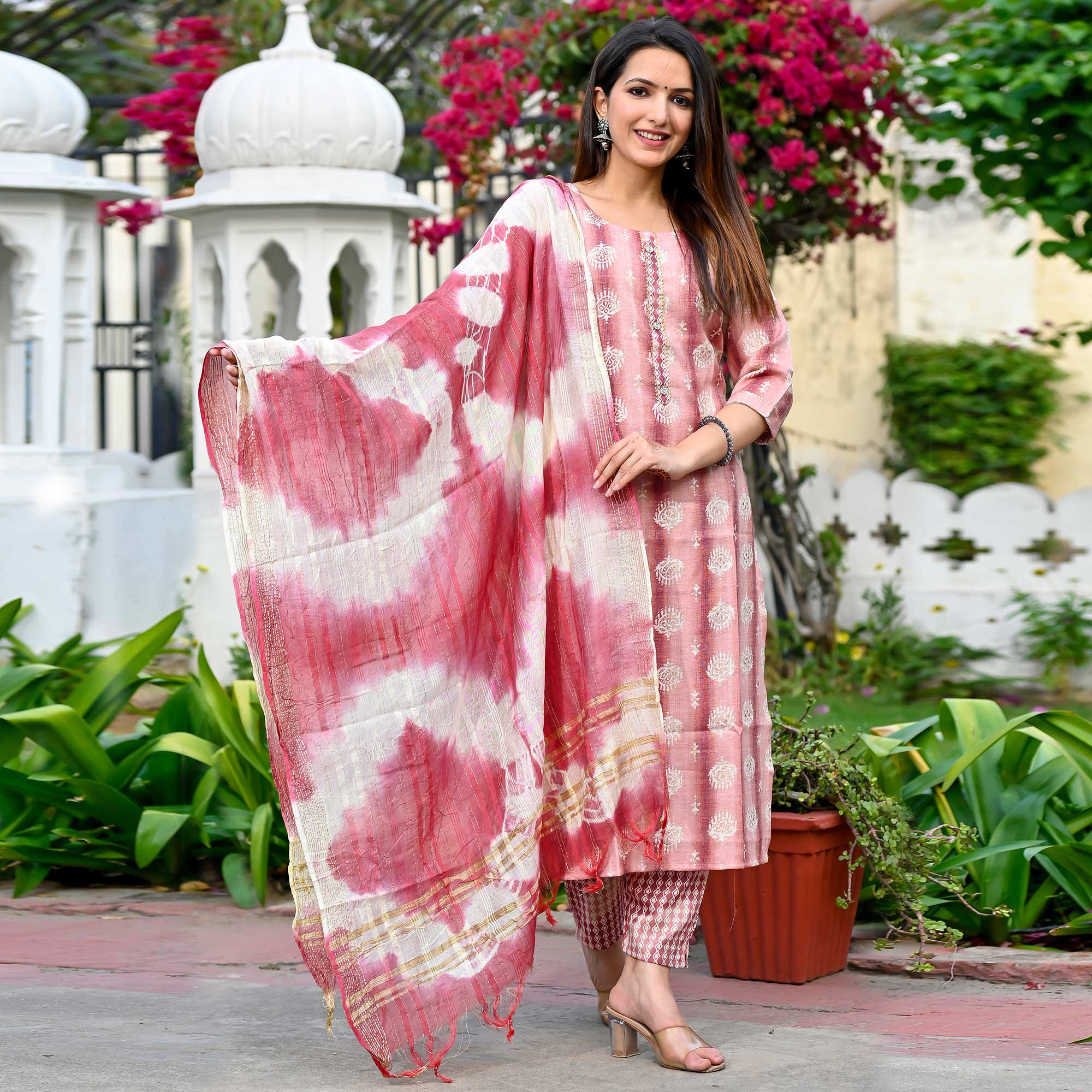 Peach Floral Foil Printed Rayon Suit