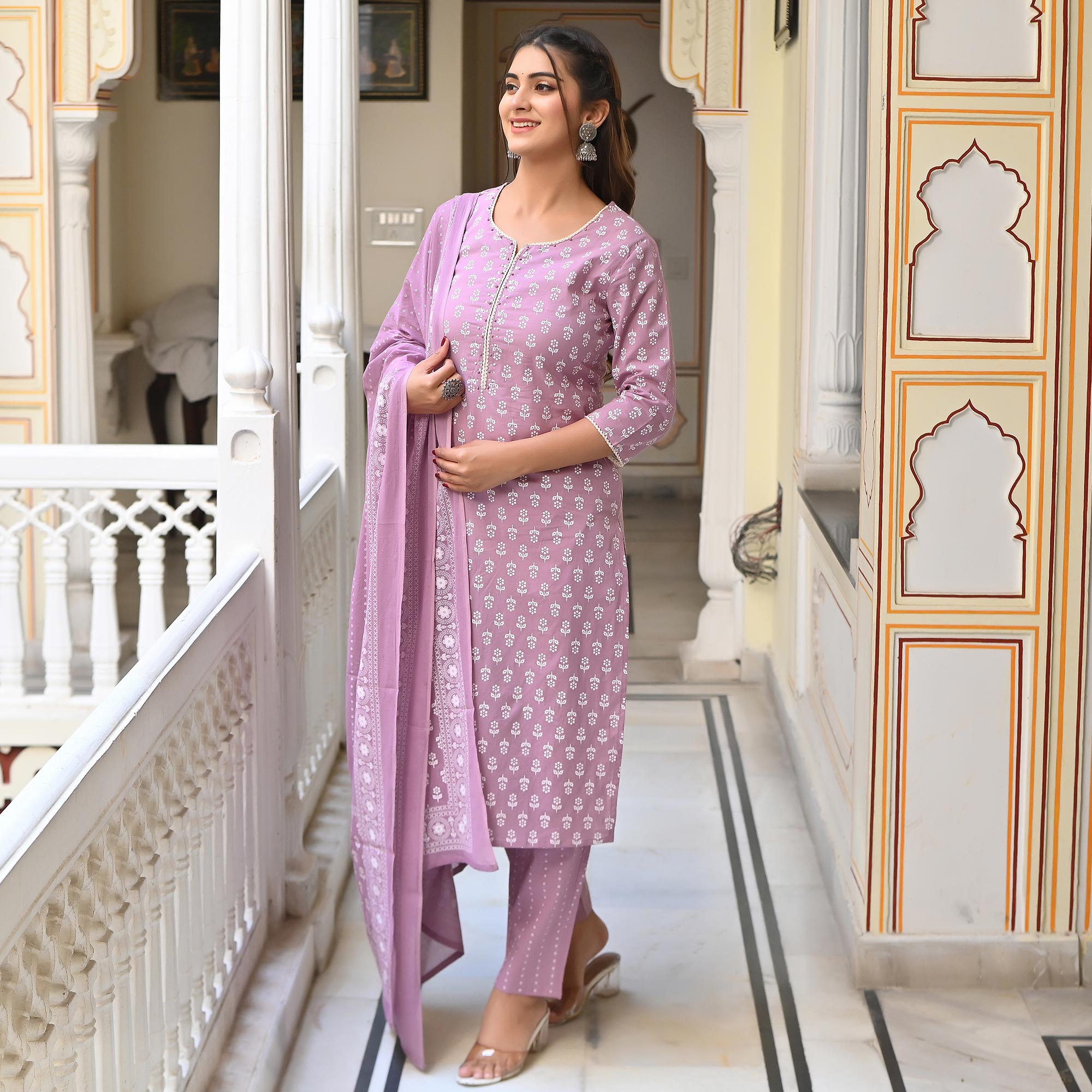 Lavender Jaipuri Printed Pure Cotton Salwar Suit