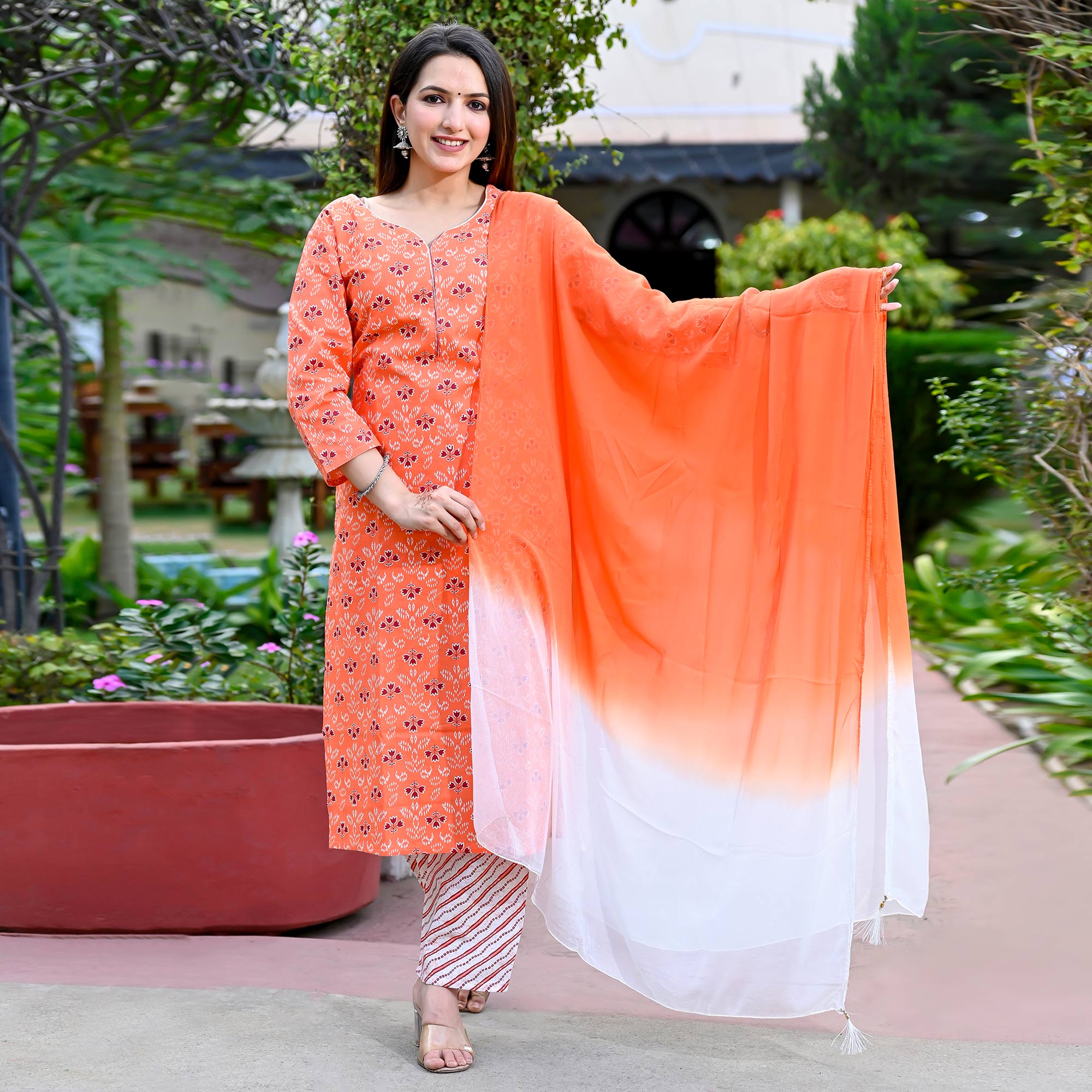 Orange Floral Printed Pure Cotton Salwar Suit