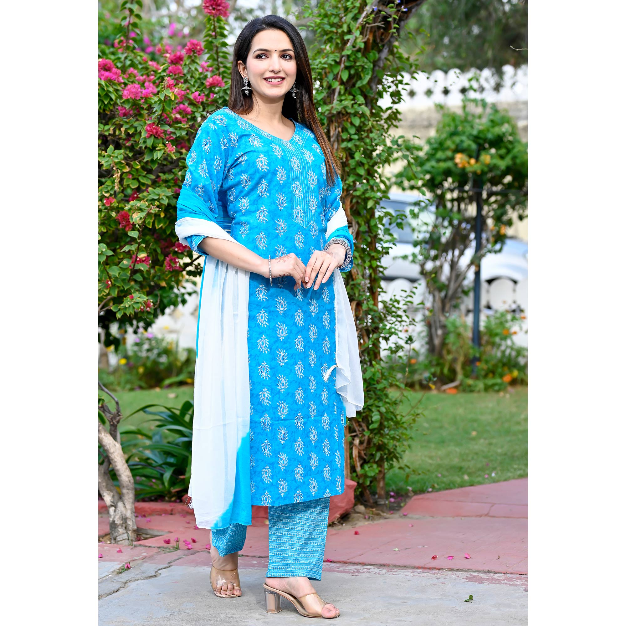 Blue Printed Pure Cotton Salwar Suit