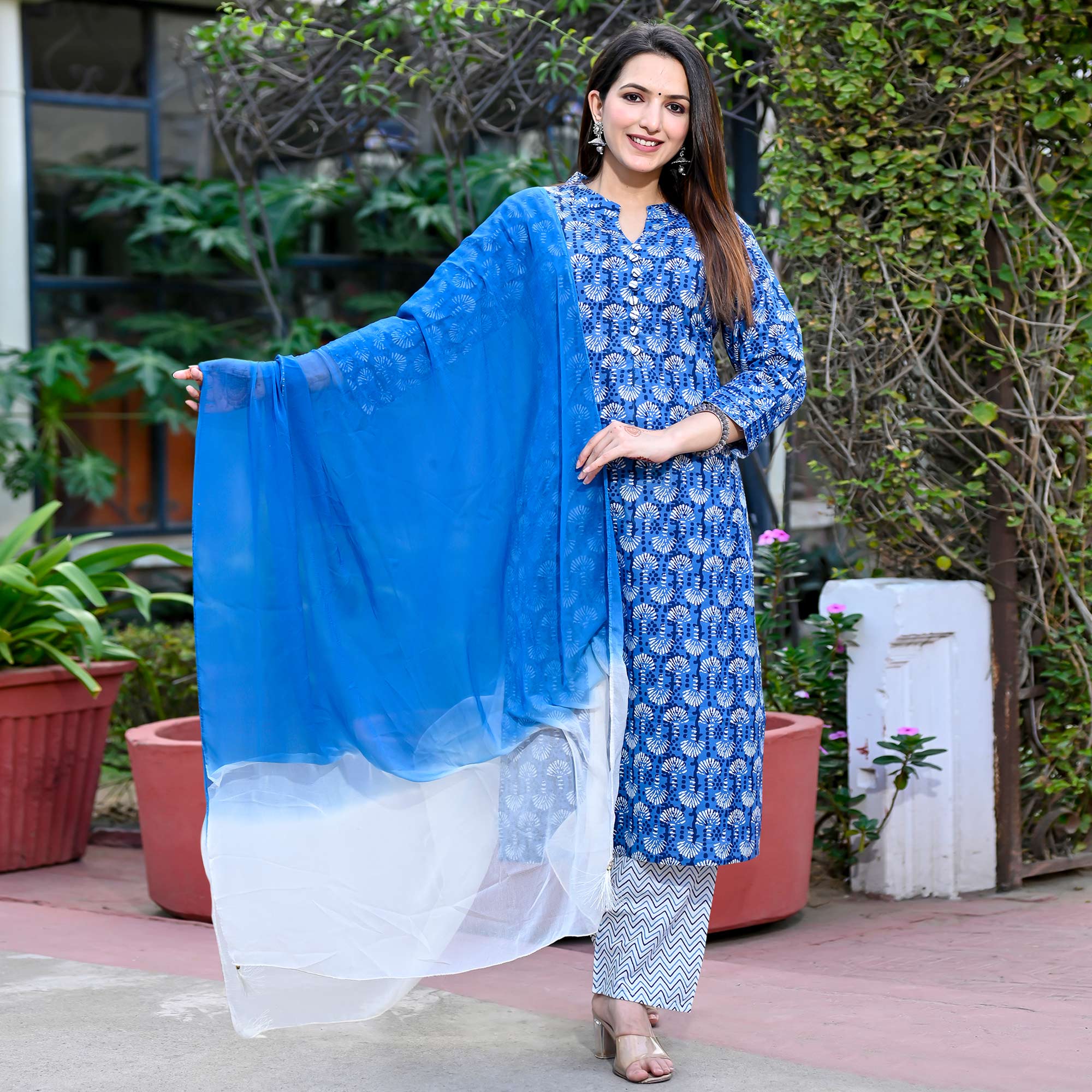 Blue Printed Pure Cotton Salwar Suit