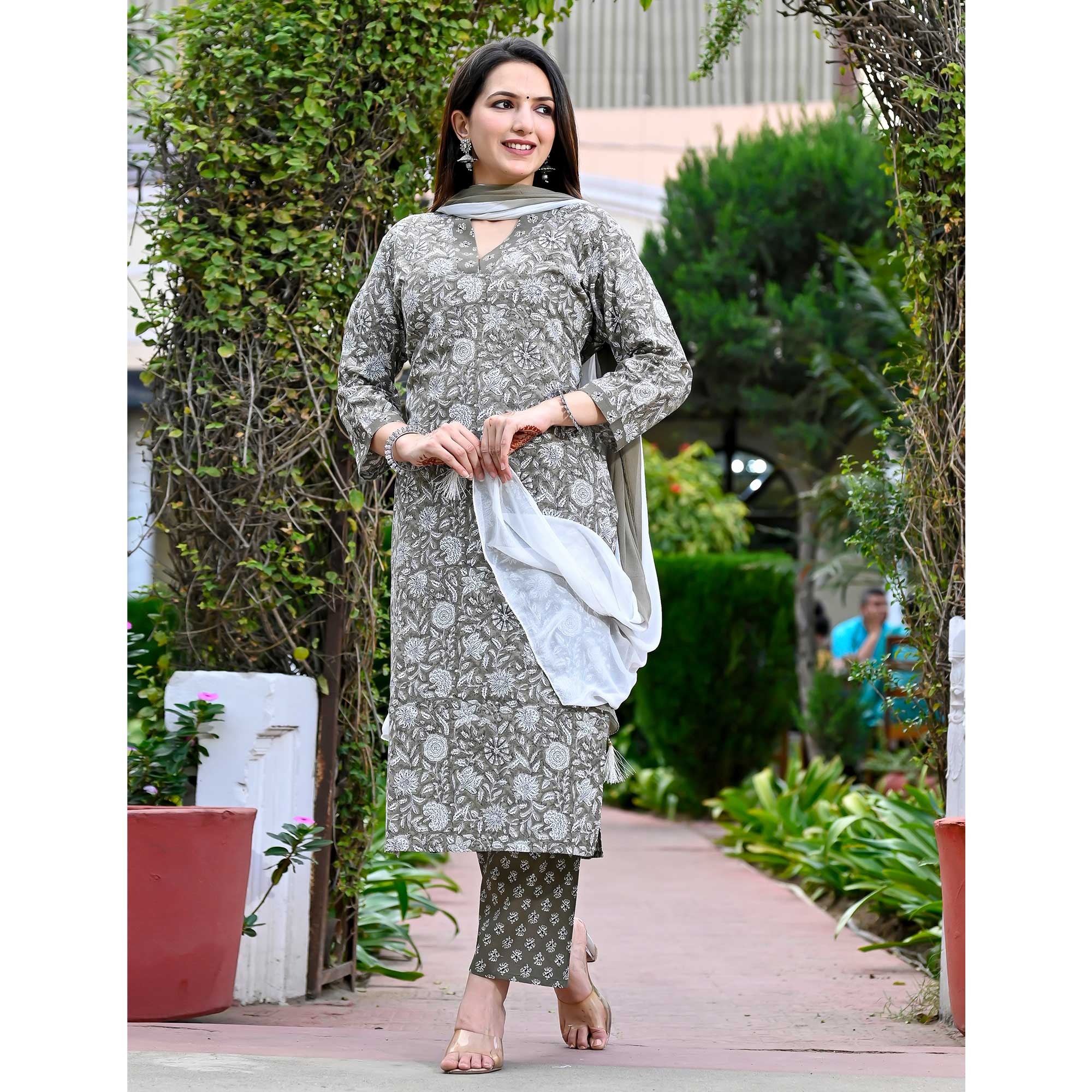 Grey Floral Printed Pure Cotton Salwar Suit