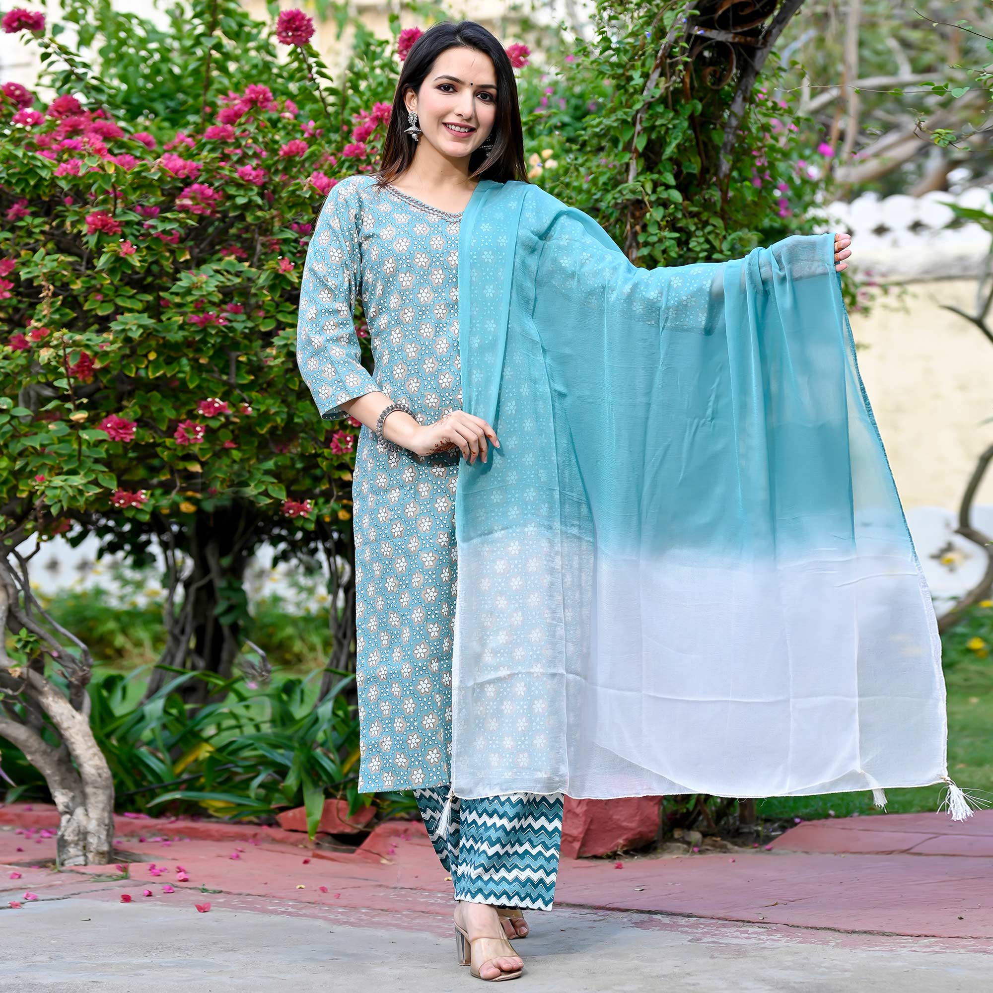 Blue Floral Printed Pure Cotton Salwar Suit