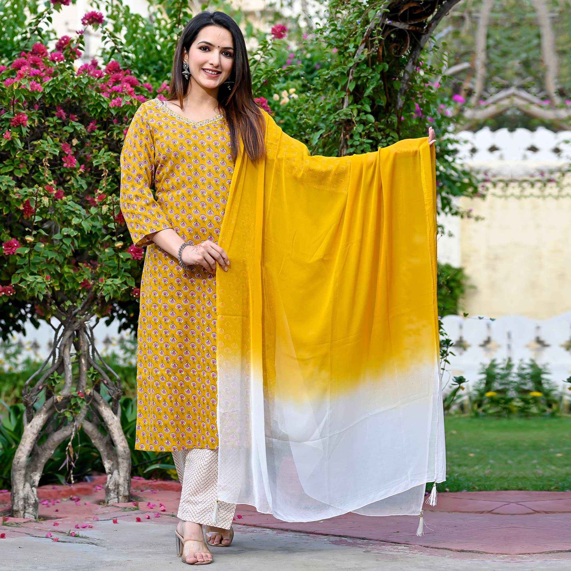 Mustard Floral Printed Pure Cotton Salwar Suit