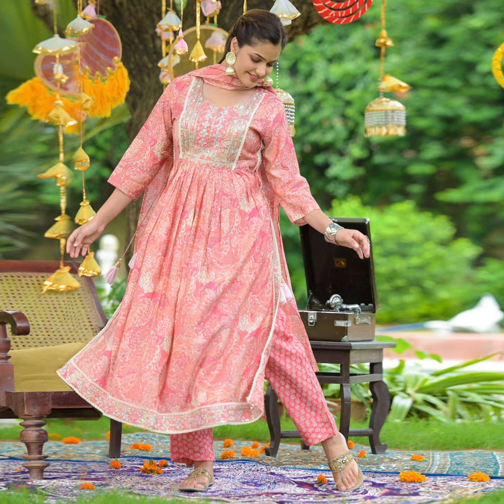 Pink Printed With Embellished Chanderi Anarkali Suit