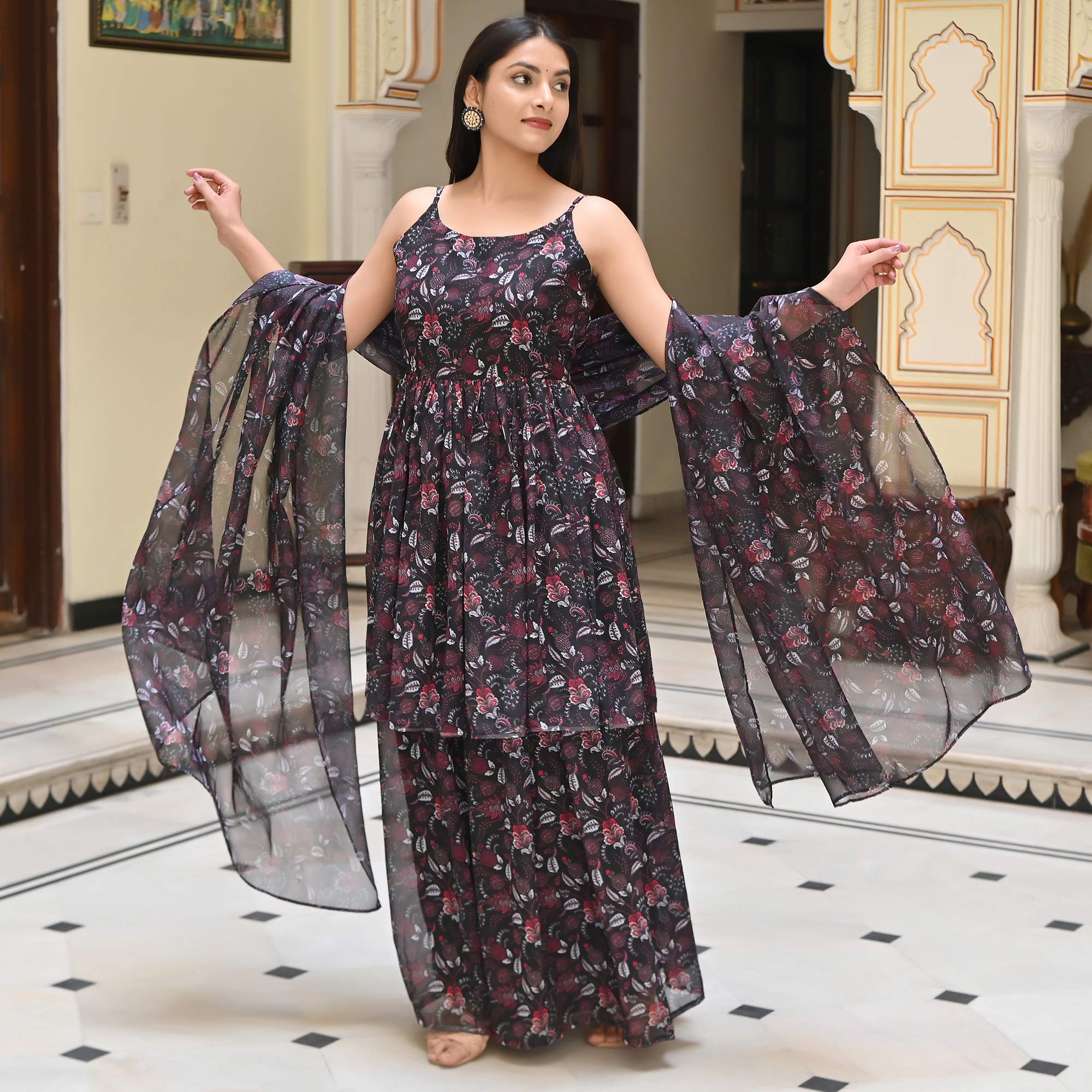 Black Floral Digital Printed Georgette Sharara Suit